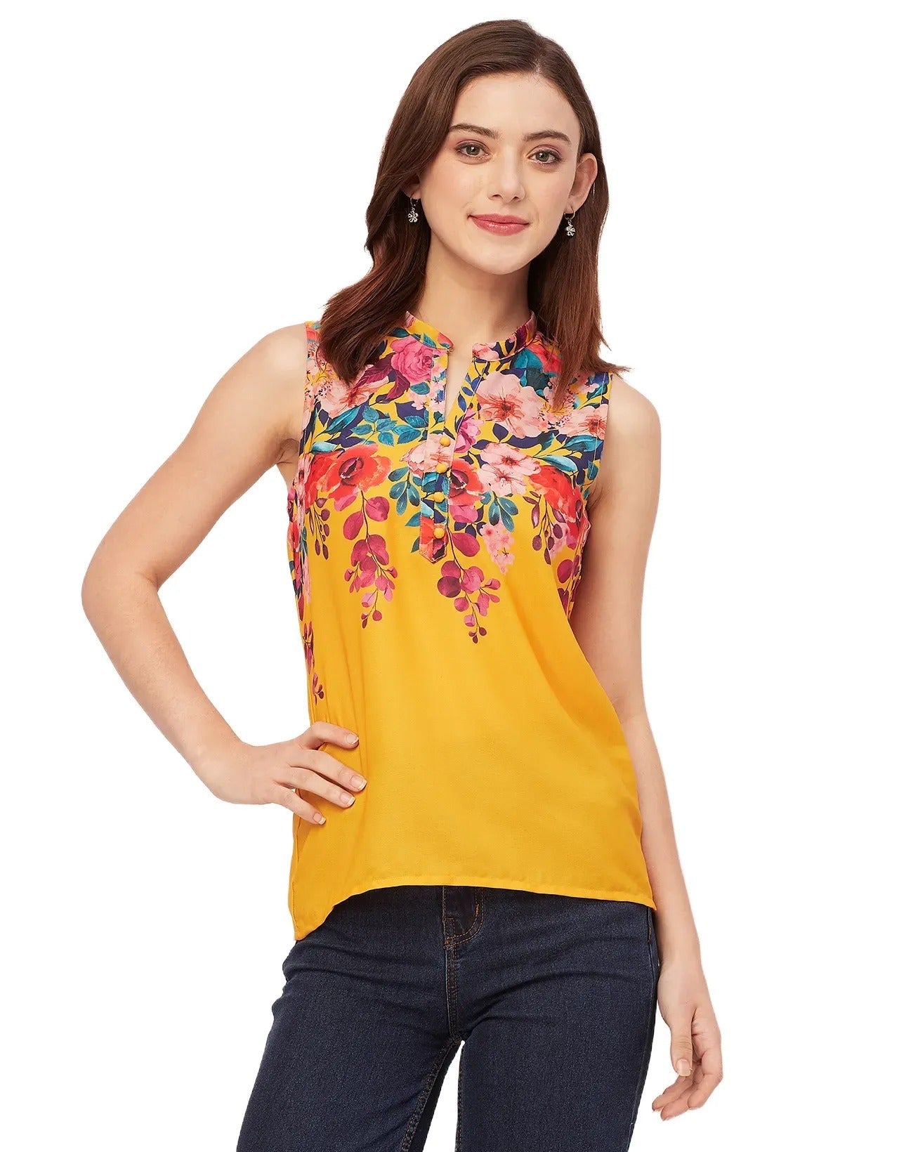 Sleeveless Mandarin Collar Printed Georgette Top