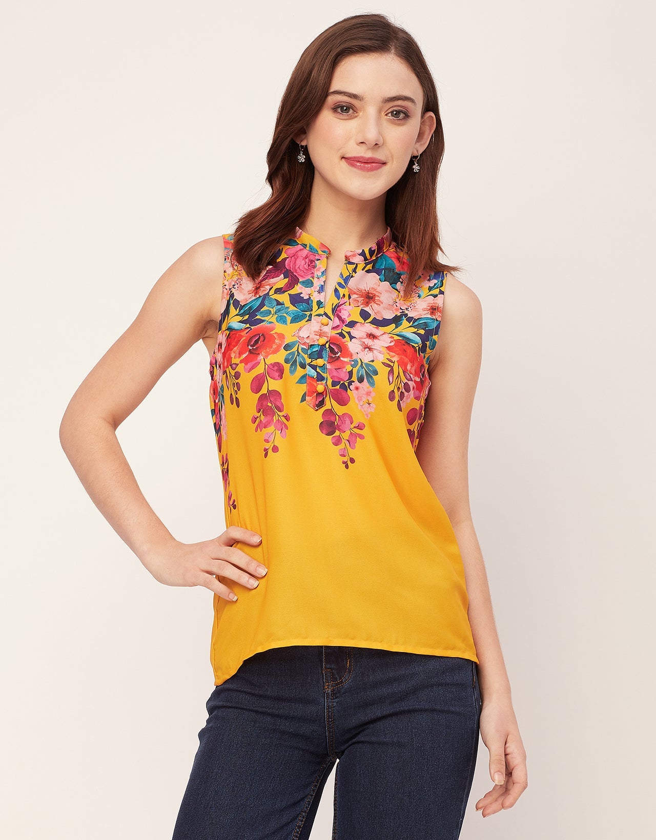 Sleeveless Mandarin Collar Printed Georgette Top