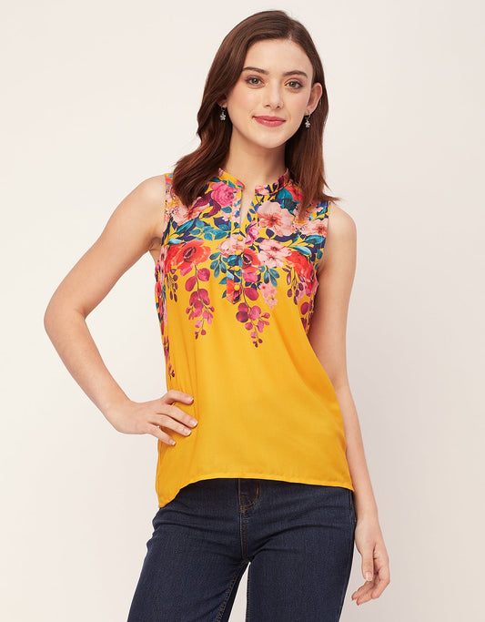Sleeveless Mandarin Collar Printed Georgette Top