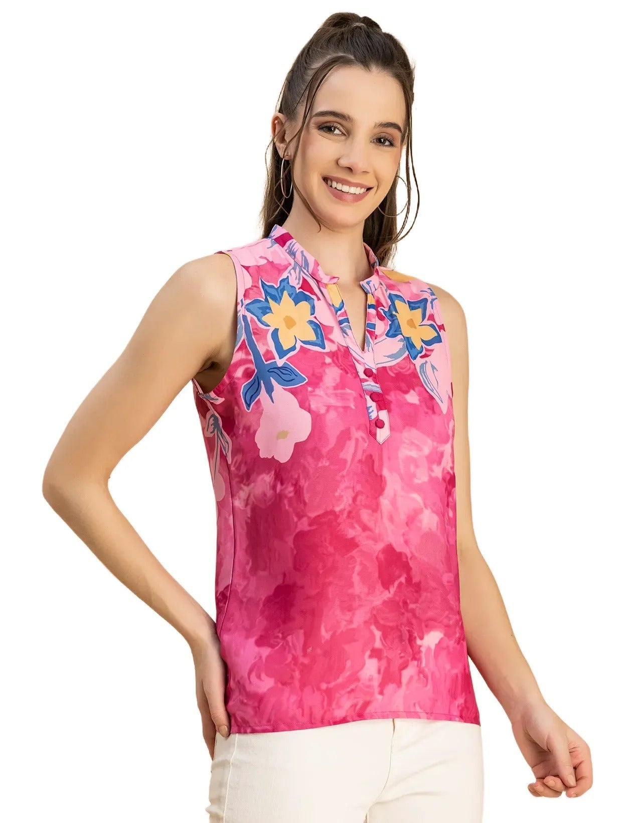 Sleeveless Mandarin Collar Printed Georgette Top