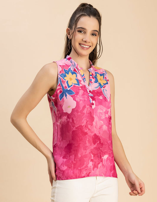 Sleeveless Mandarin Collar Printed Georgette Top
