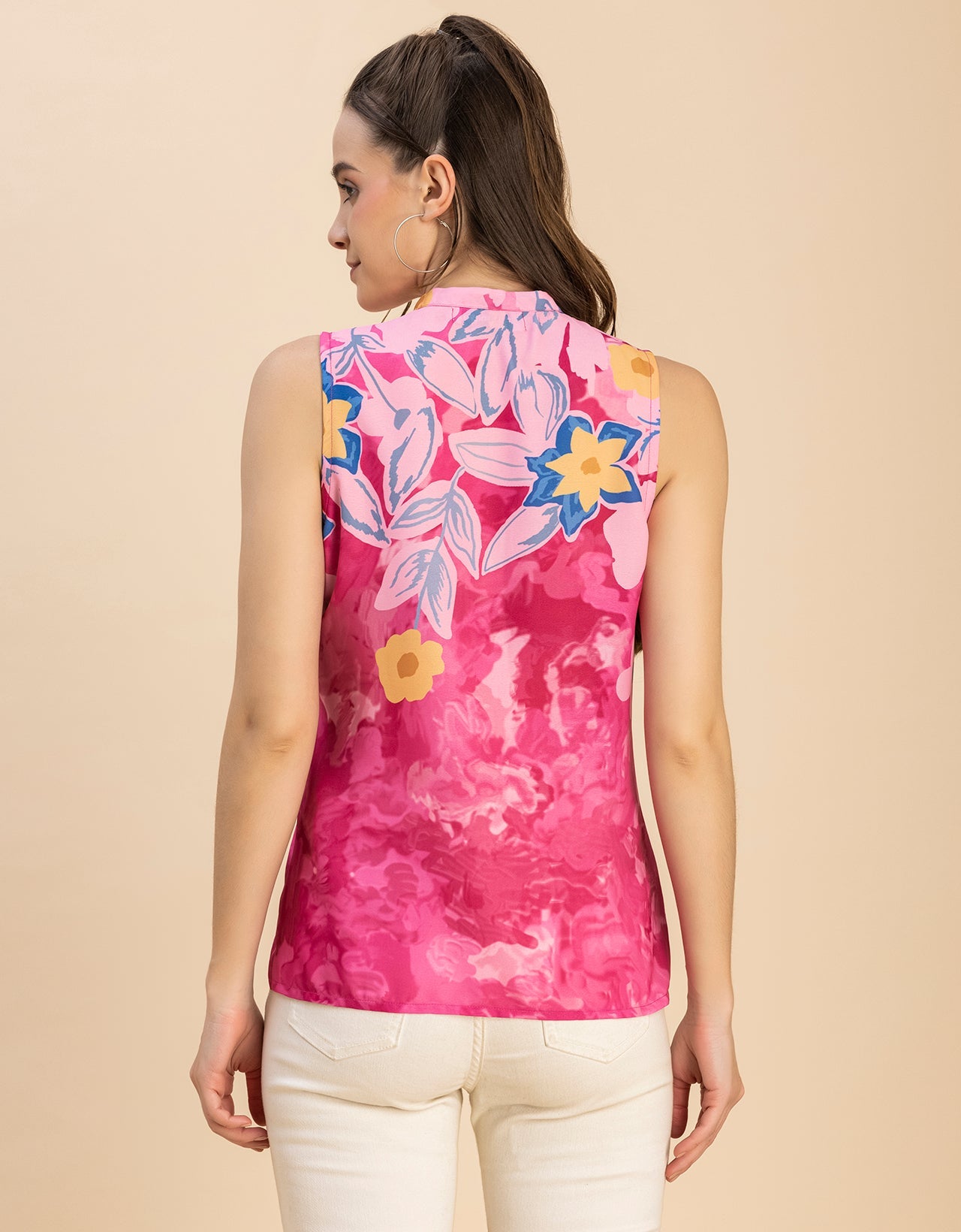 Sleeveless Mandarin Collar Printed Georgette Top
