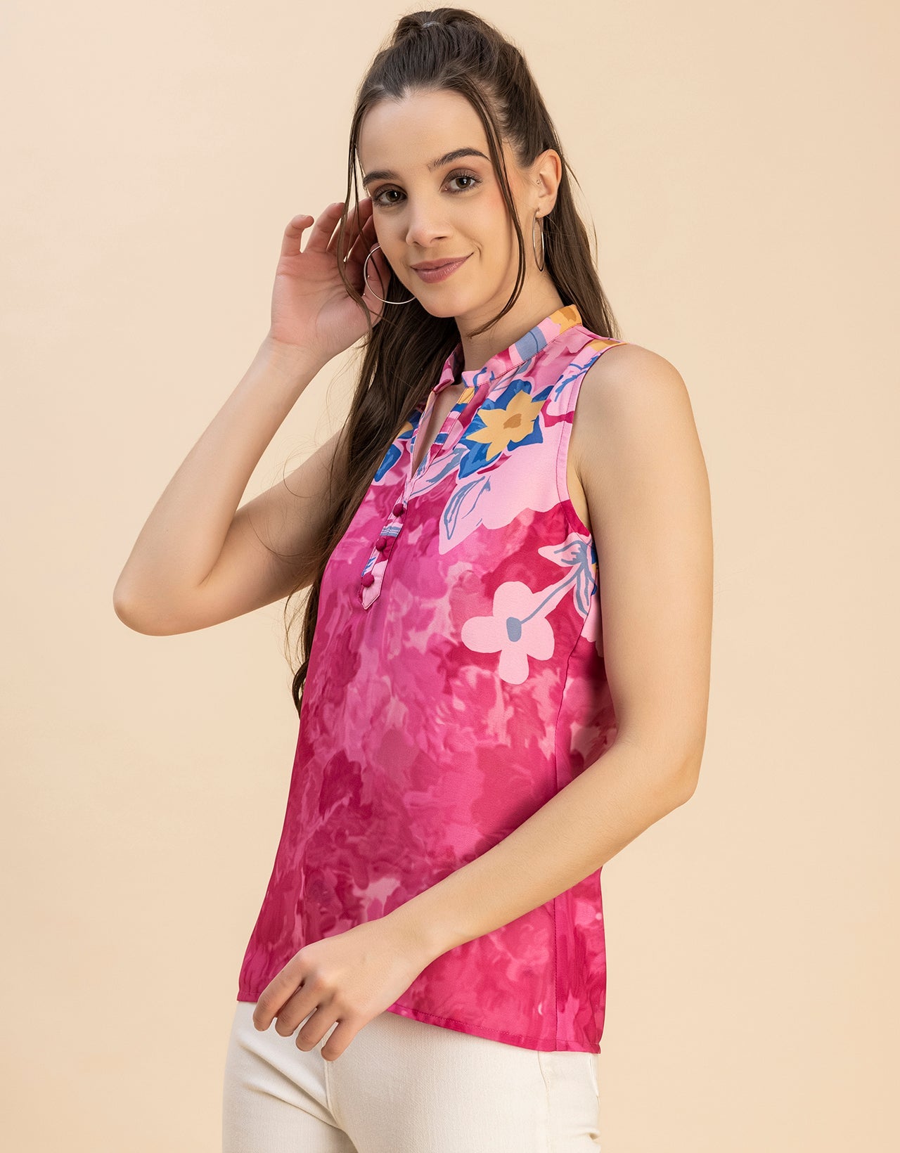 Sleeveless Mandarin Collar Printed Georgette Top