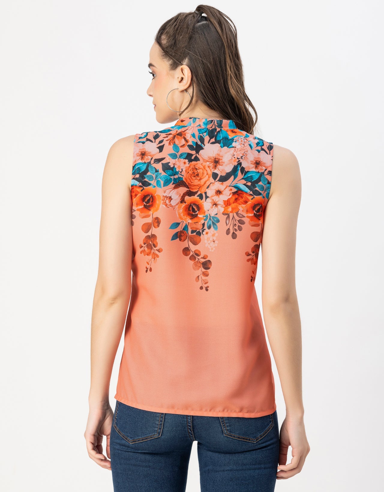 Sleeveless Mandarin Collar Printed Georgette Top