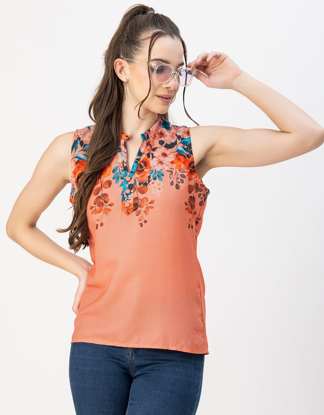 Sleeveless Mandarin Collar Printed Georgette Top