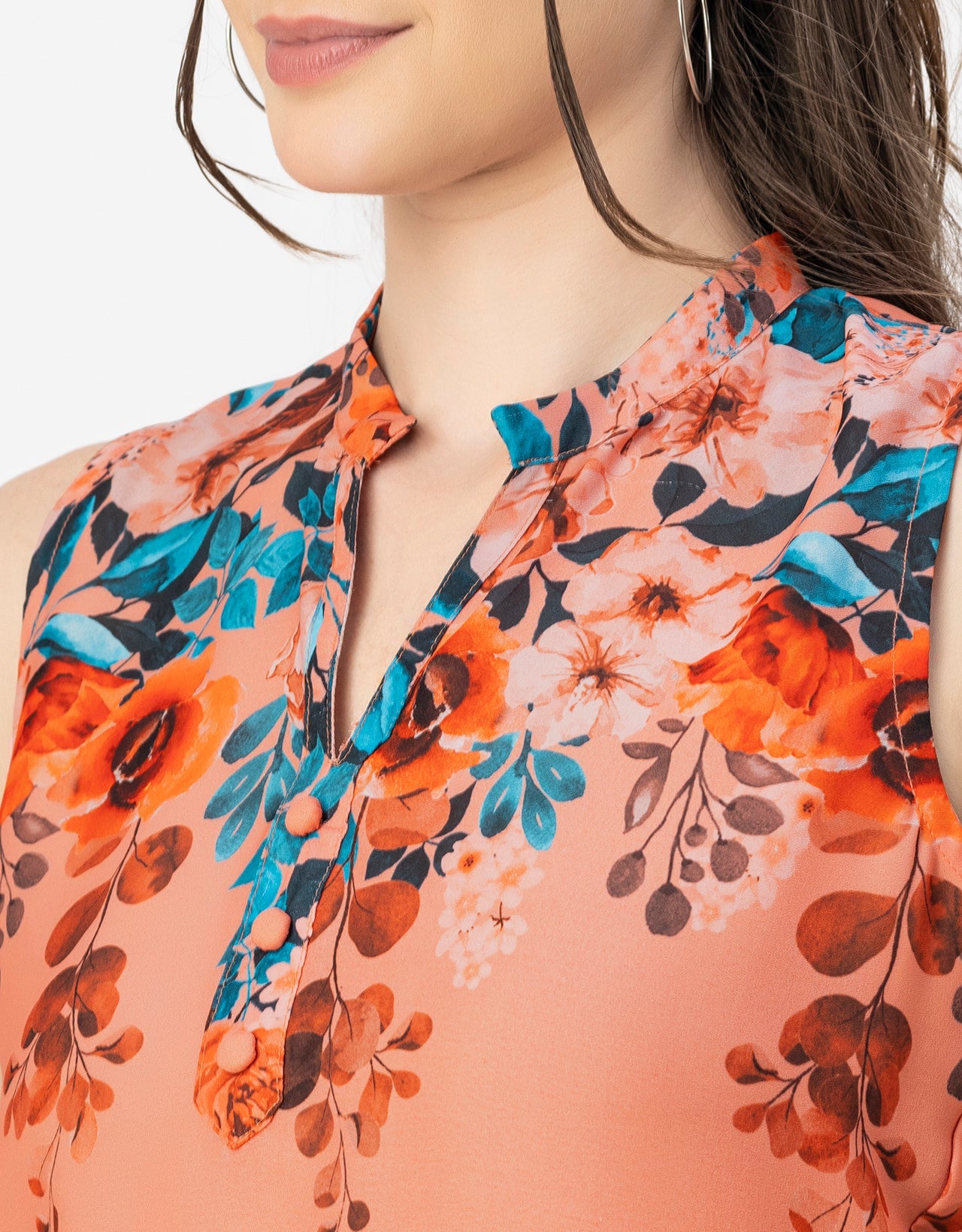 Sleeveless Mandarin Collar Printed Georgette Top
