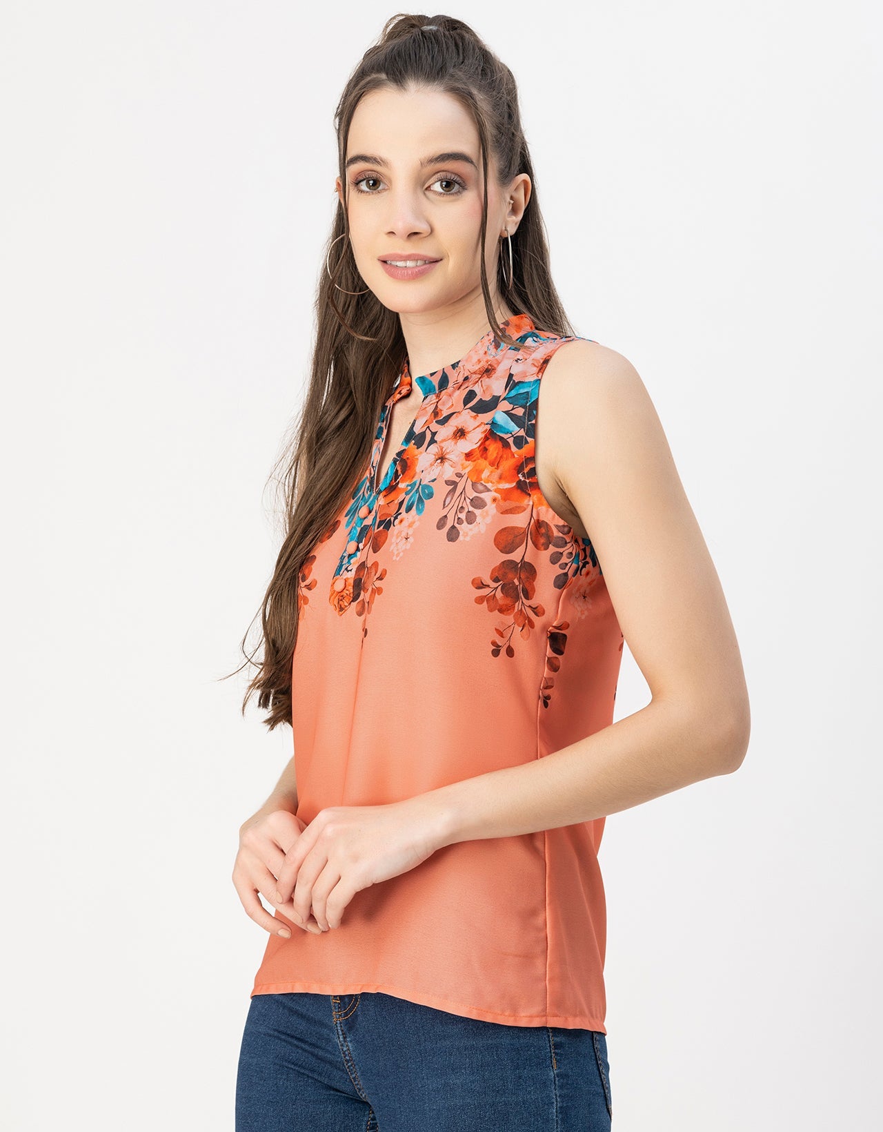 Sleeveless Mandarin Collar Printed Georgette Top