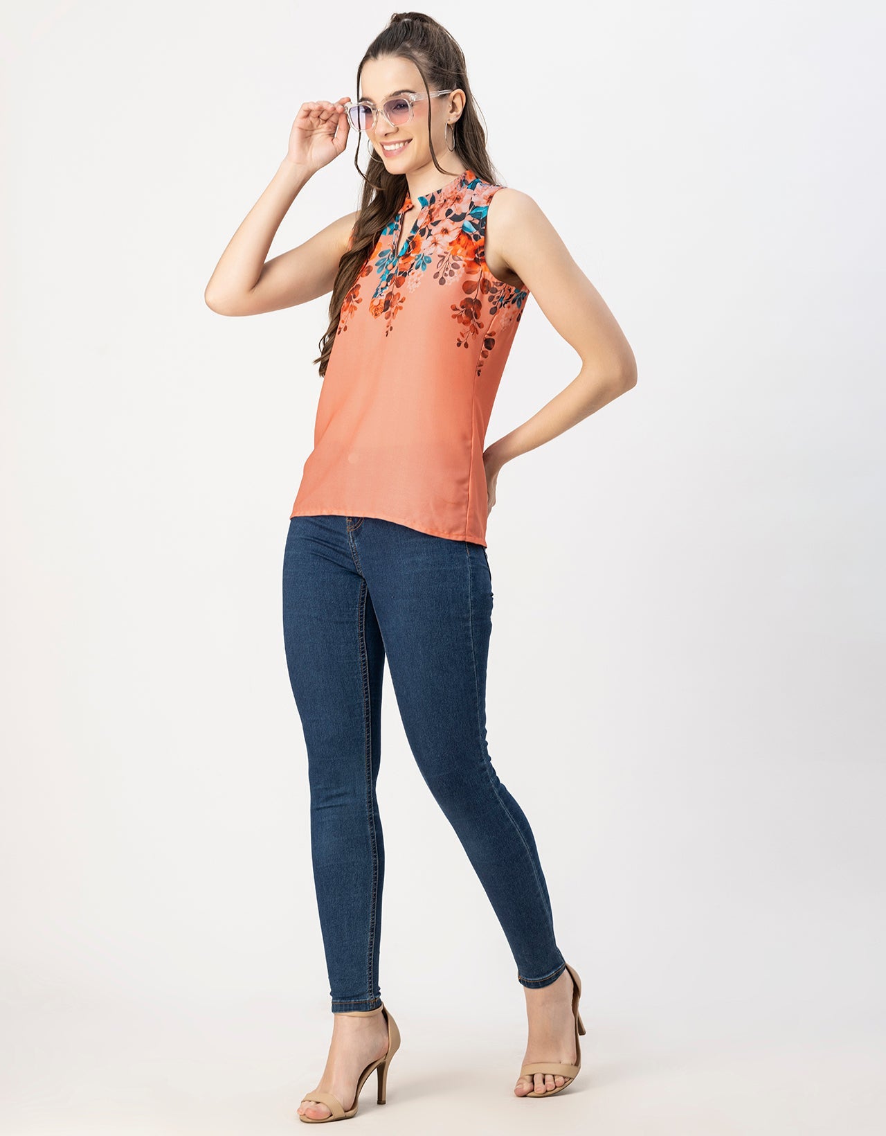 Sleeveless Mandarin Collar Printed Georgette Top