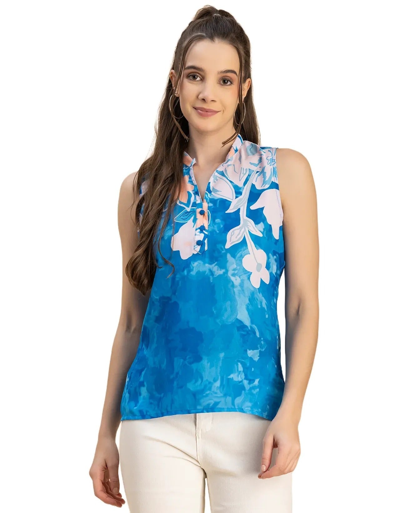 Sleeveless Mandarin Collar Printed Georgette Top