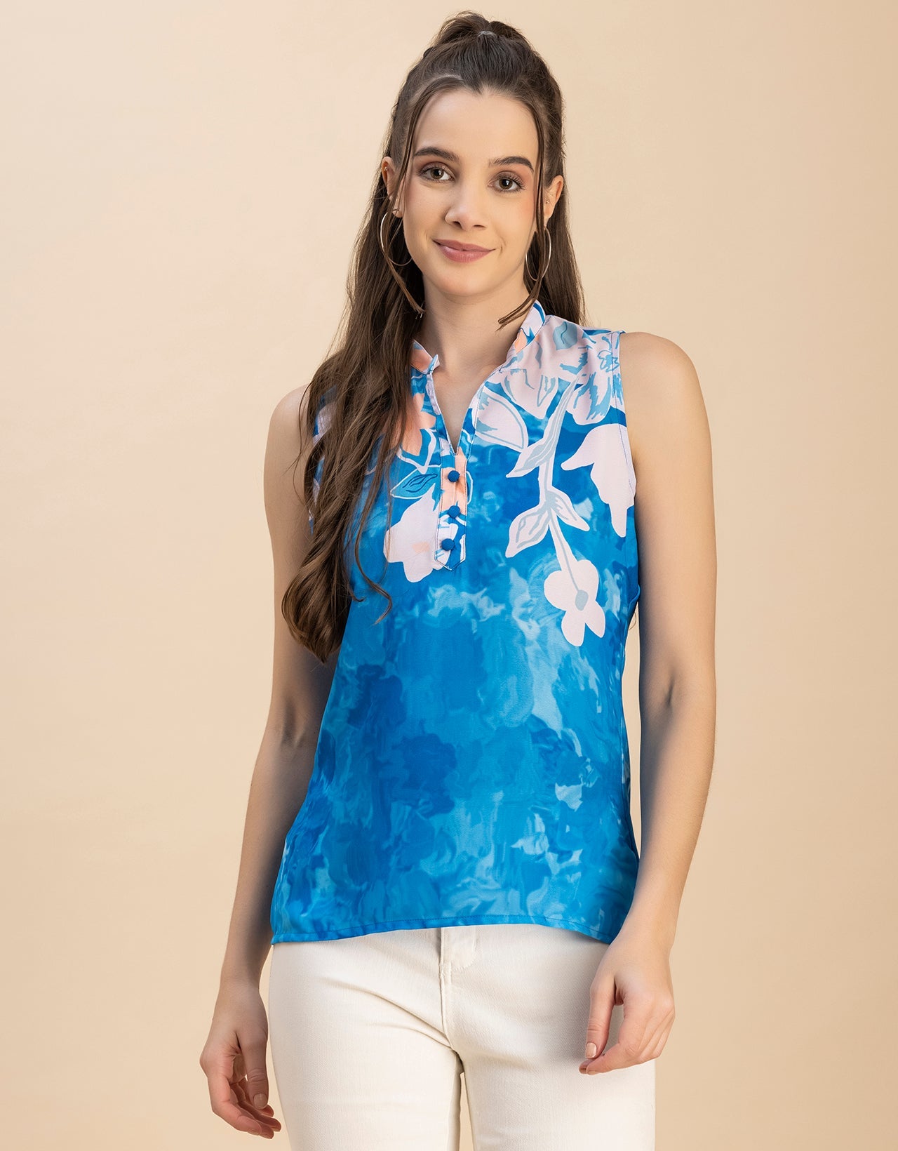 Sleeveless Mandarin Collar Printed Georgette Top
