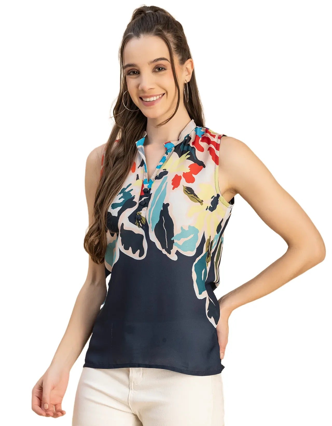 Sleeveless Mandarin Collar Printed Georgette Top