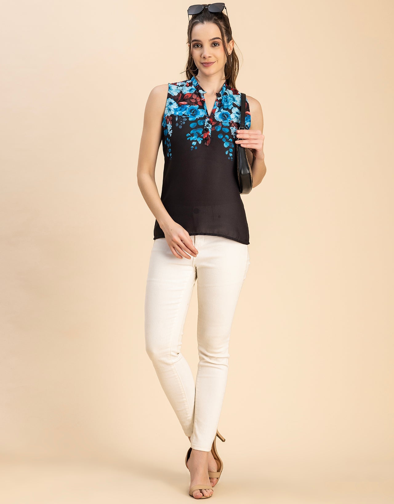Sleeveless Mandarin Collar Printed Georgette Top
