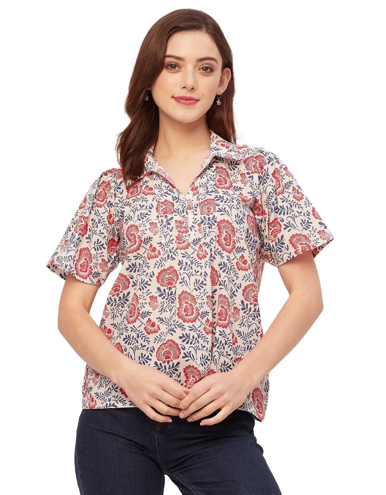 Spread Collar Pin Tucks Cotton Top