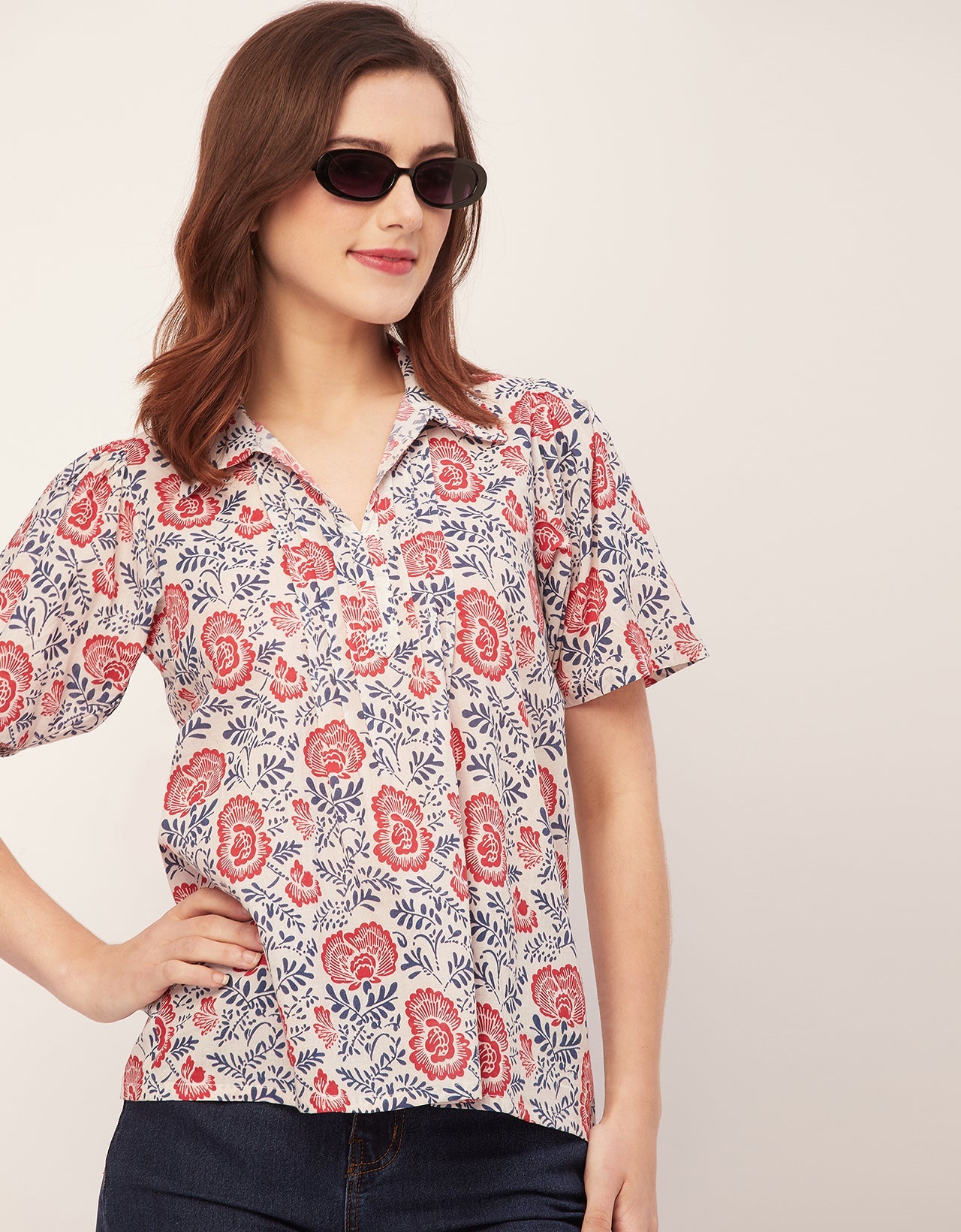 Spread Collar Pin Tucks Cotton Top