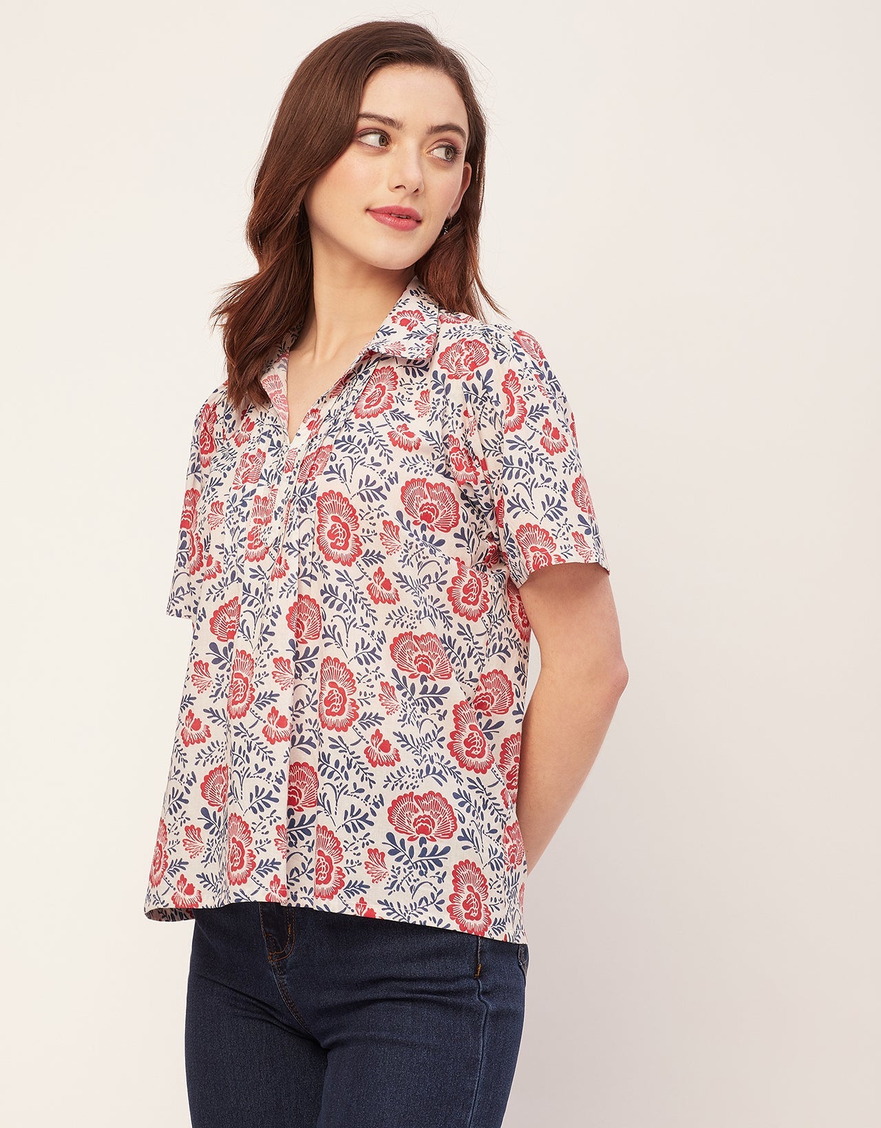 Spread Collar Pin Tucks Cotton Top