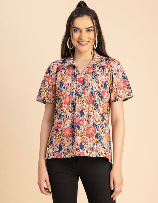 Spread Collar Pin Tucks Cotton Top