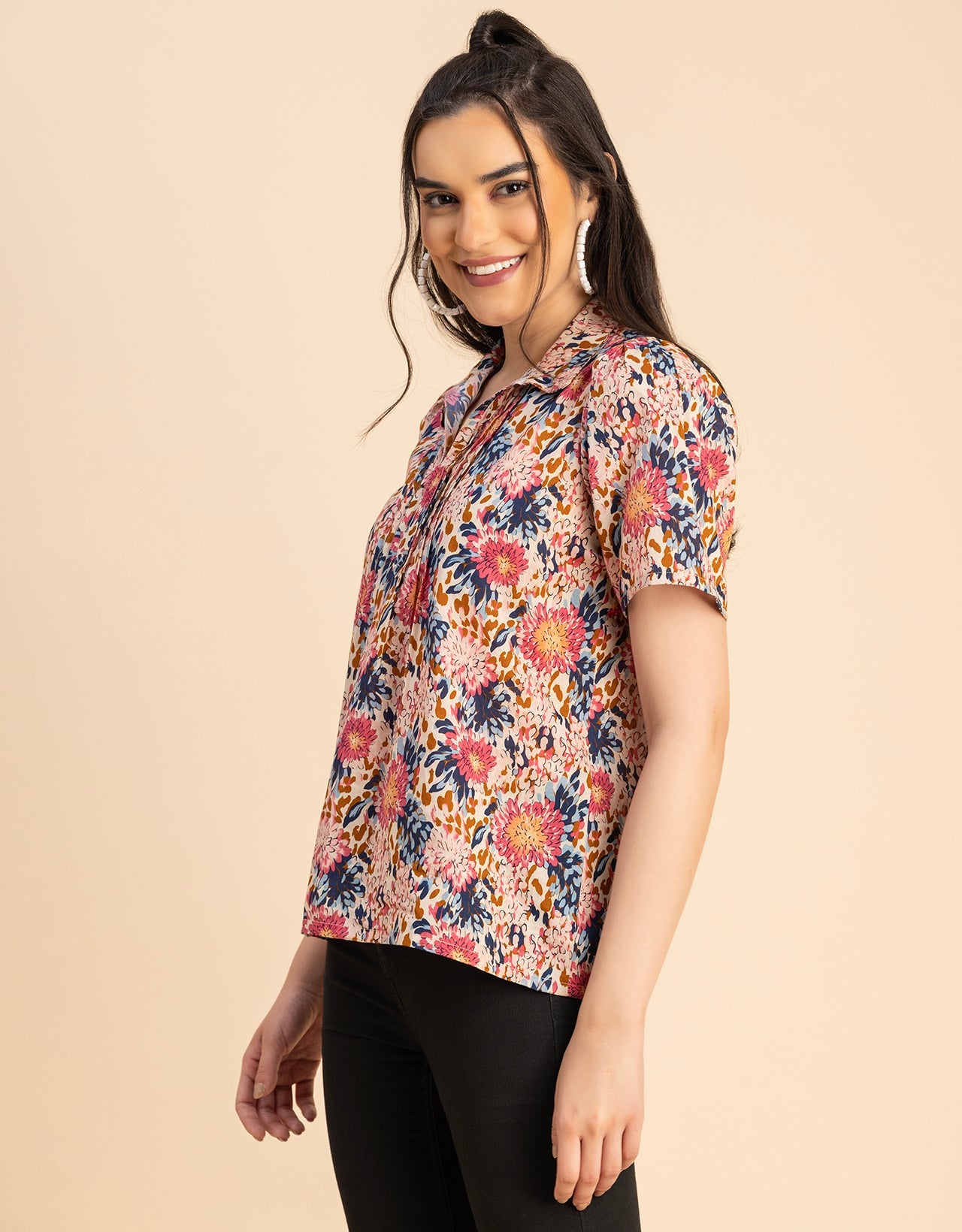Spread Collar Pin Tucks Cotton Top