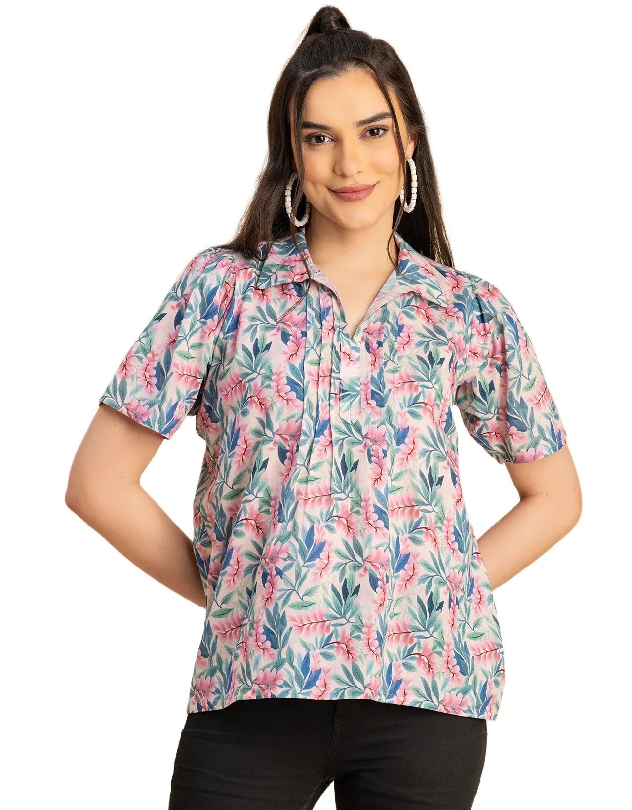 Spread Collar Pin Tucks Cotton Top