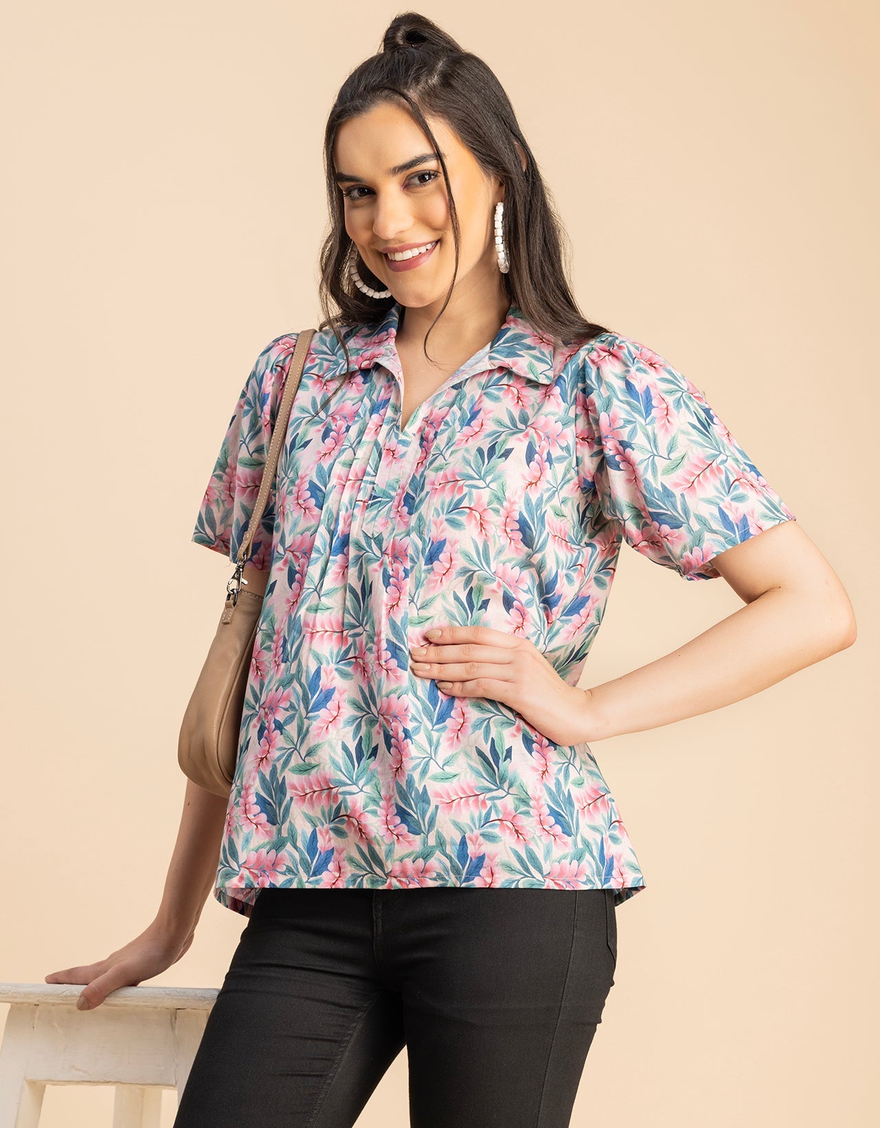 Spread Collar Pin Tucks Cotton Top