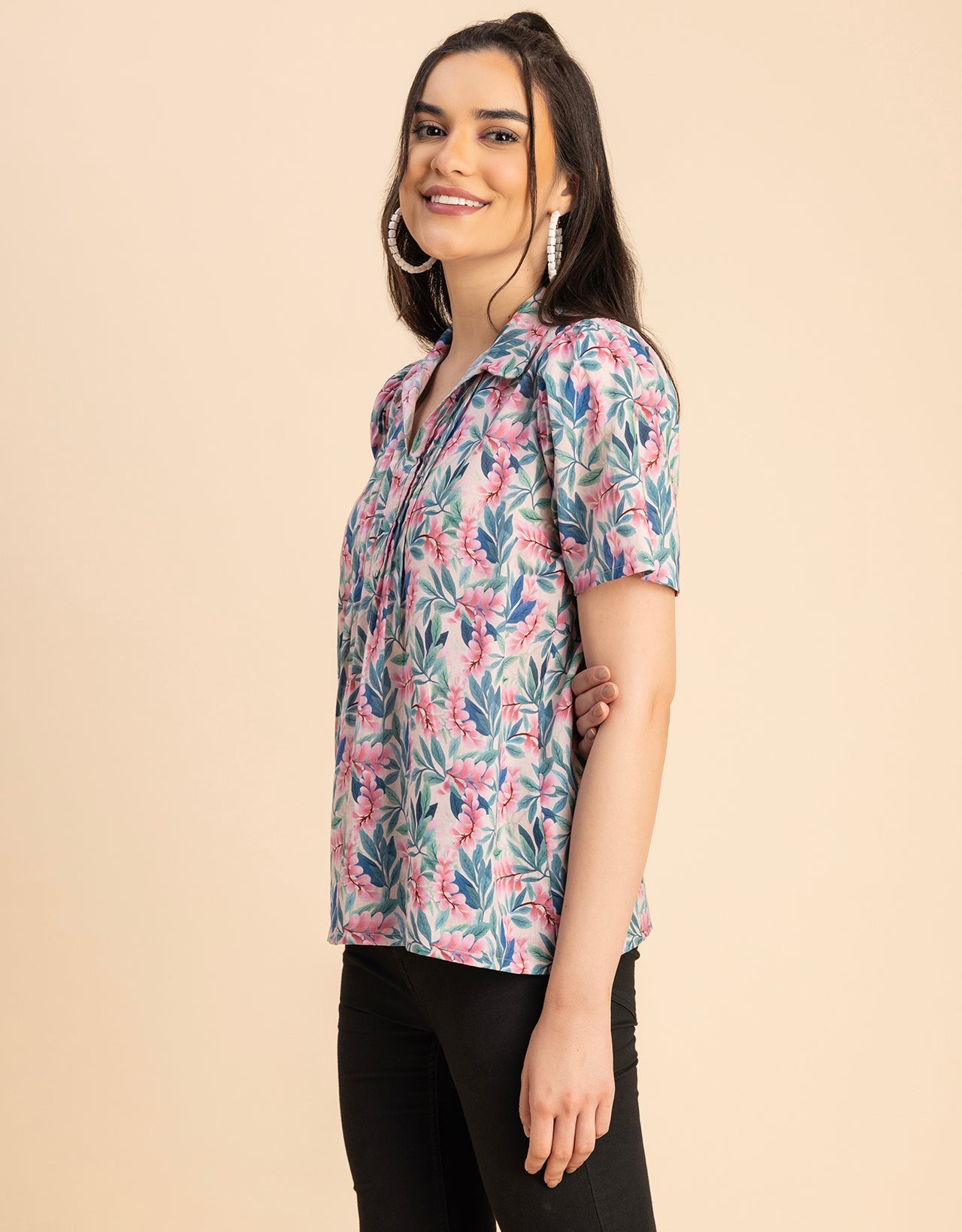 Spread Collar Pin Tucks Cotton Top