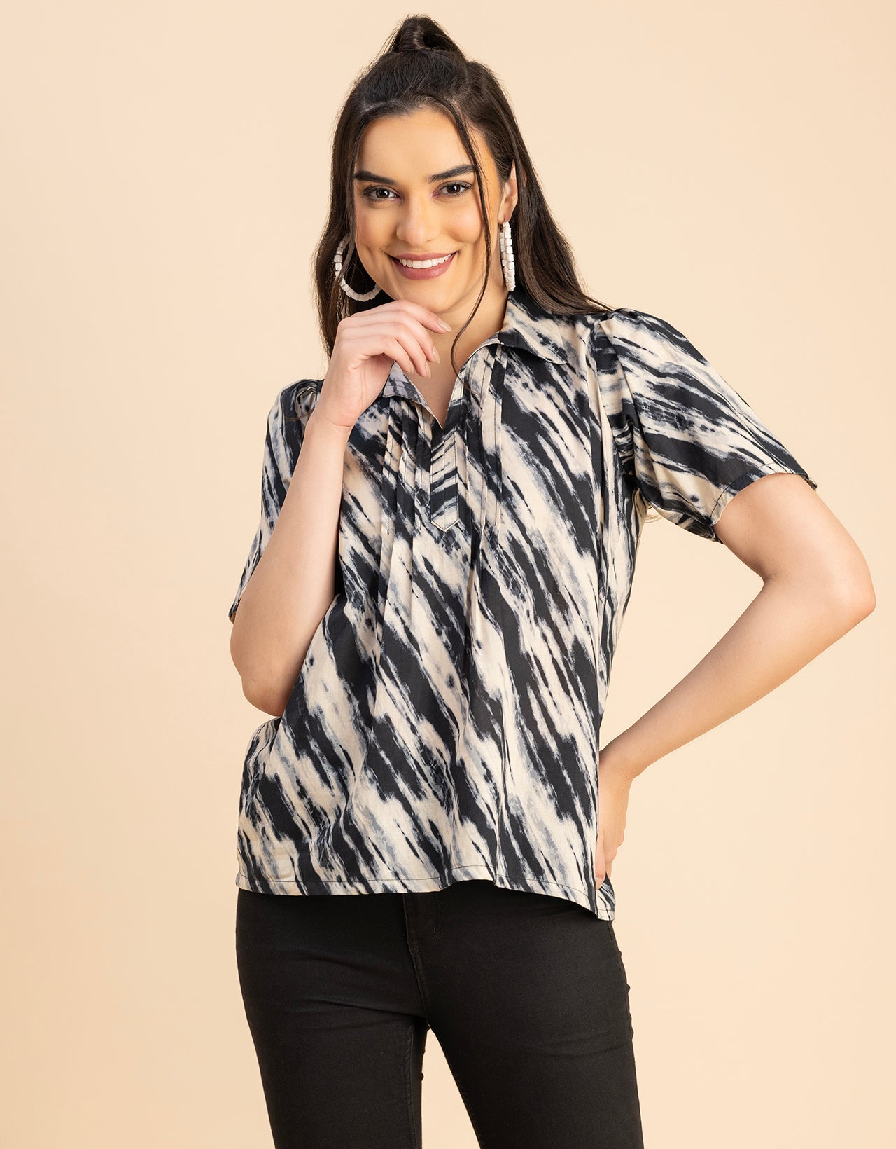 Spread Collar Pin Tucks Cotton Top