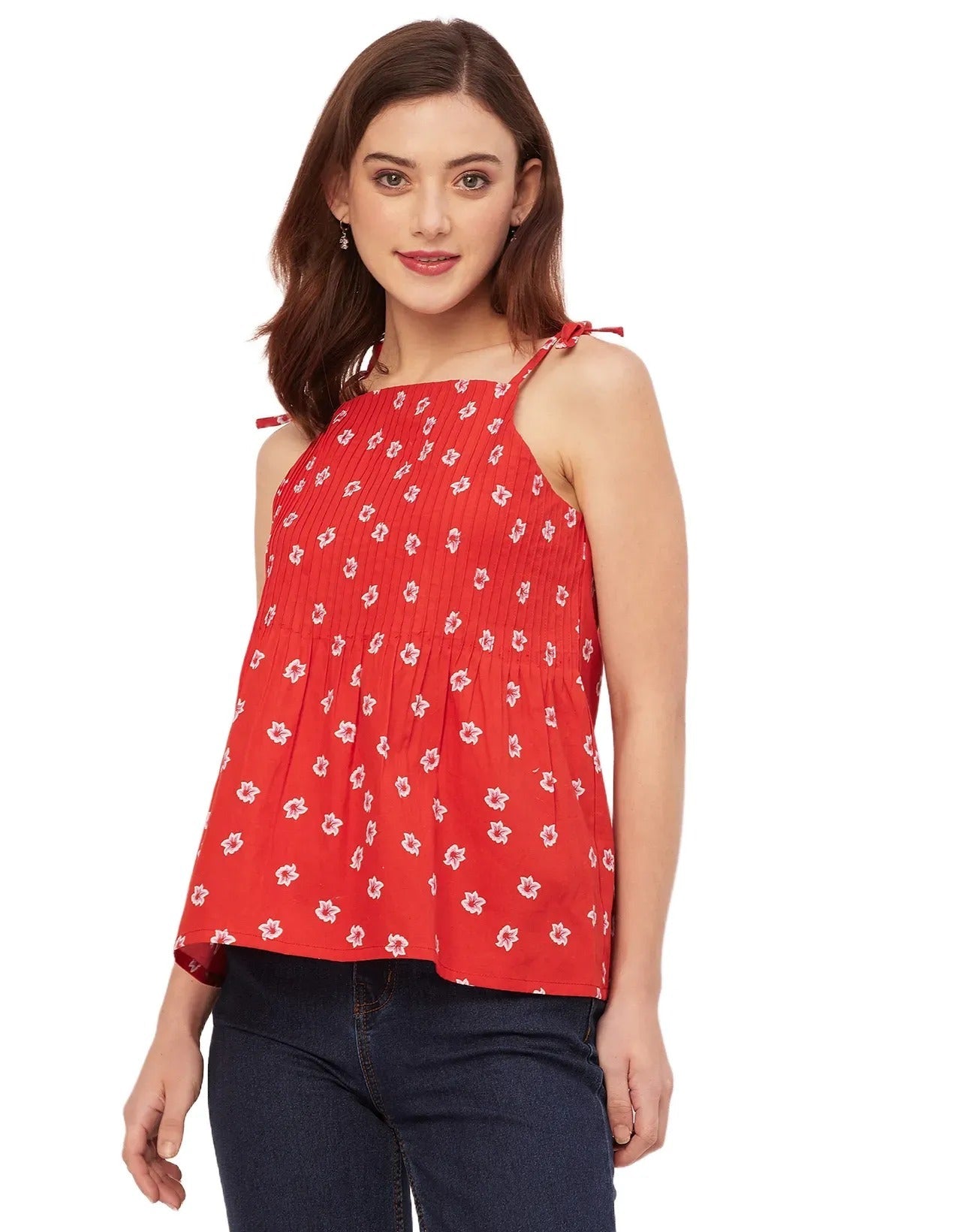 Shoulder Straps Square Neck Pin Tucks Cotton Top