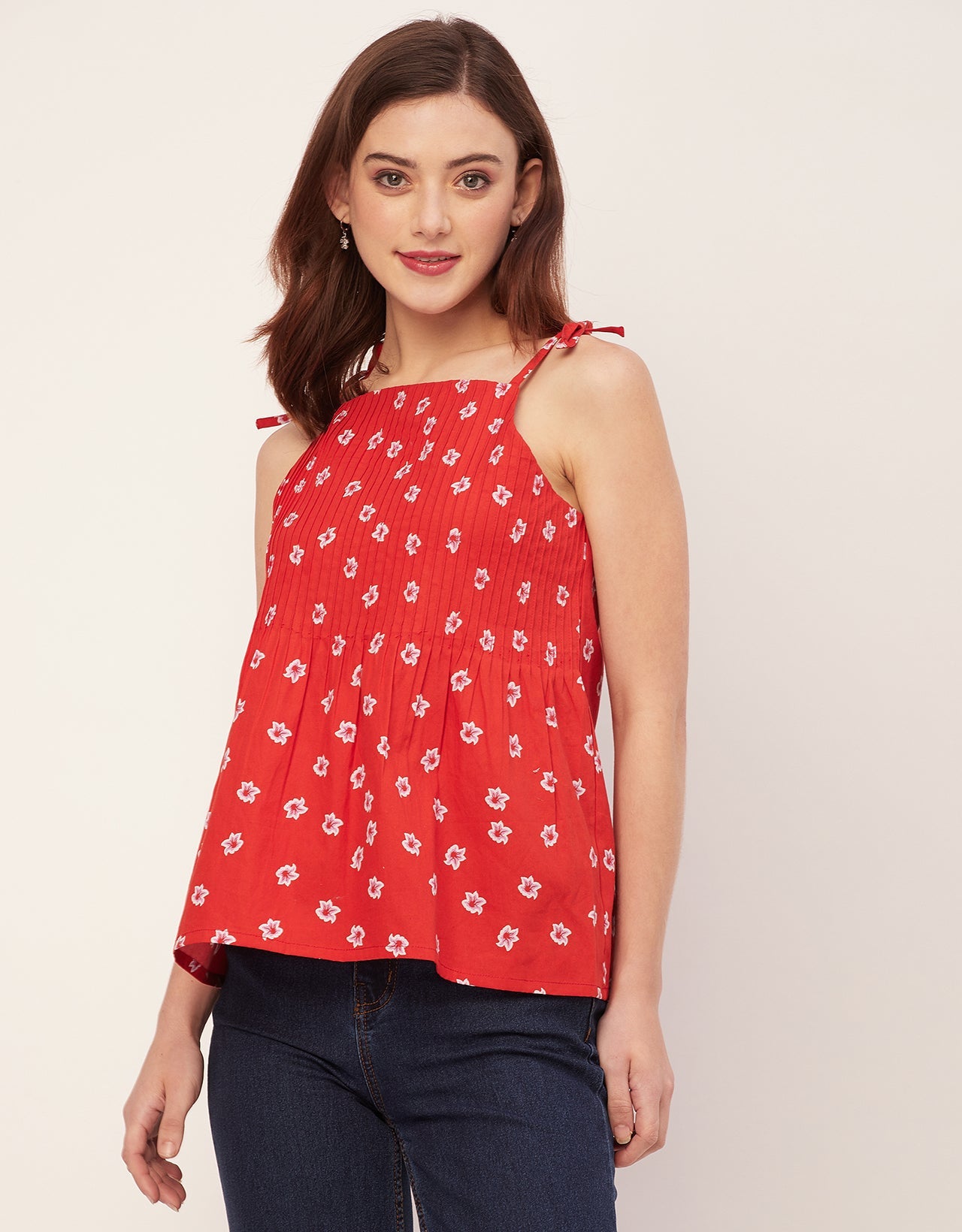Shoulder Straps Square Neck Pin Tucks Cotton Top