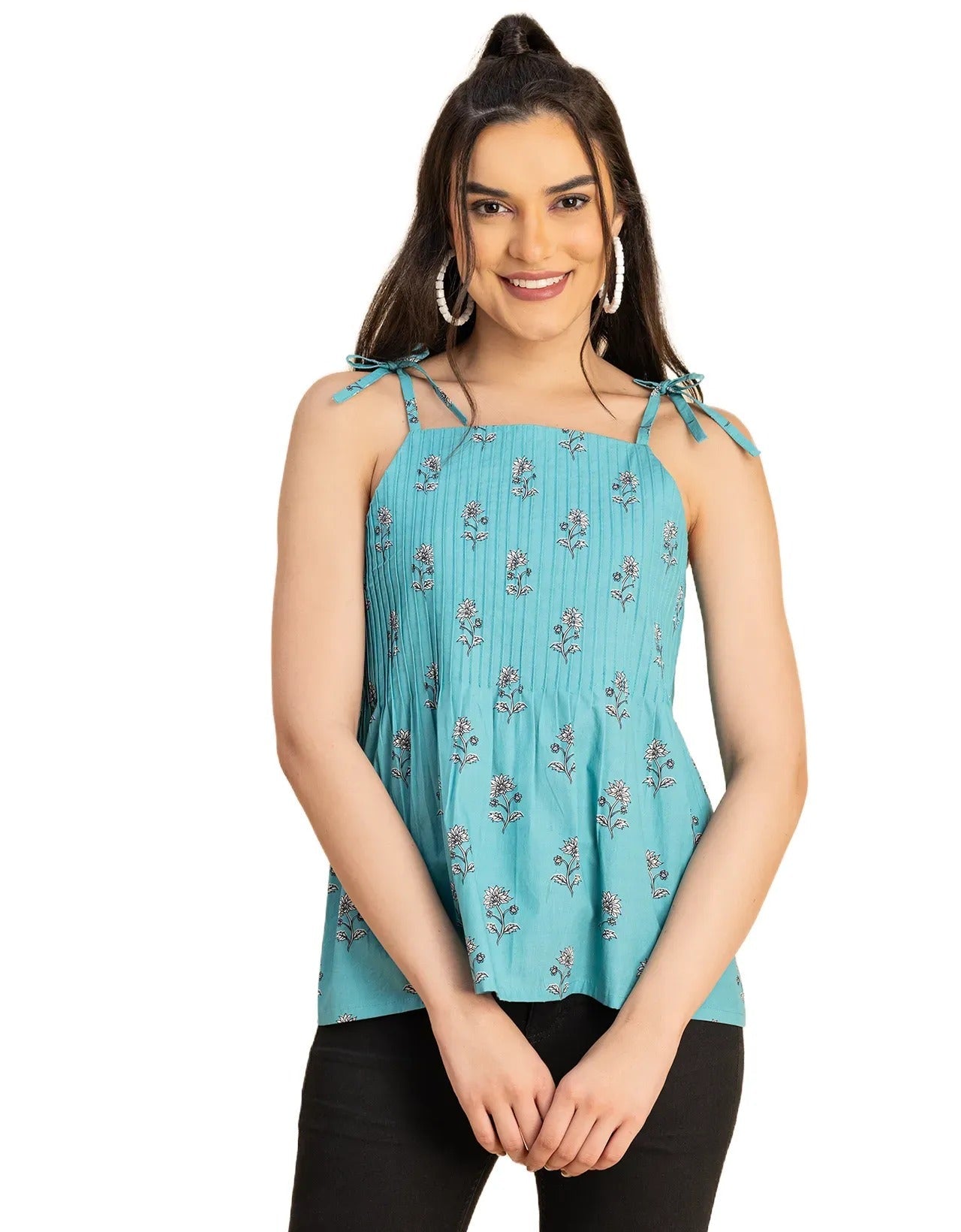 Shoulder Straps Square Neck Pin Tucks Cotton Top