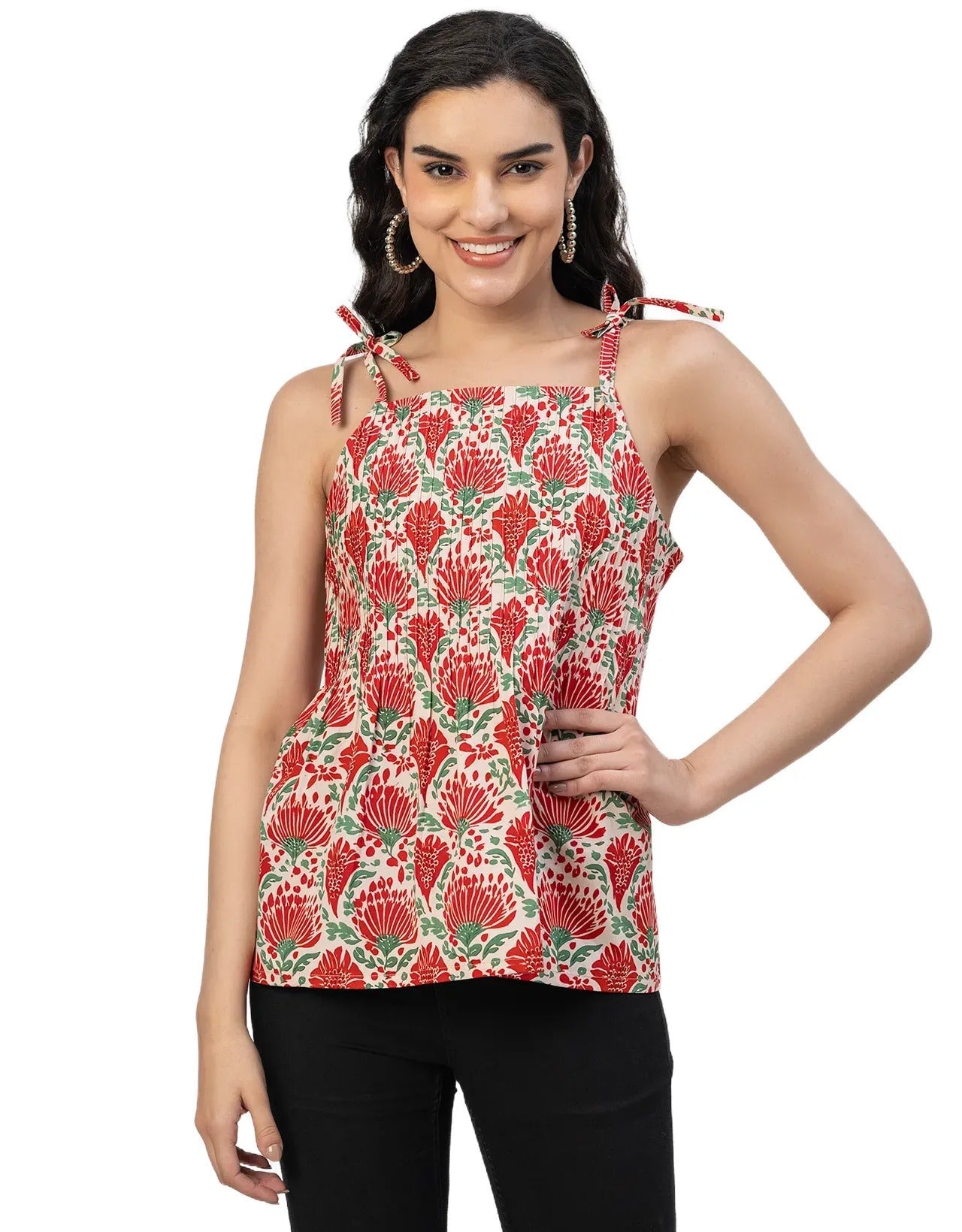 Shoulder Straps Square Neck Pin Tucks Cotton Top