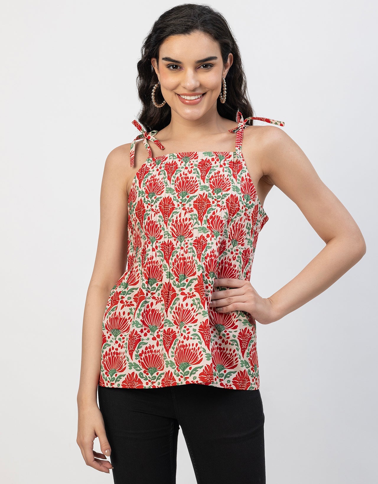 Shoulder Straps Square Neck Pin Tucks Cotton Top