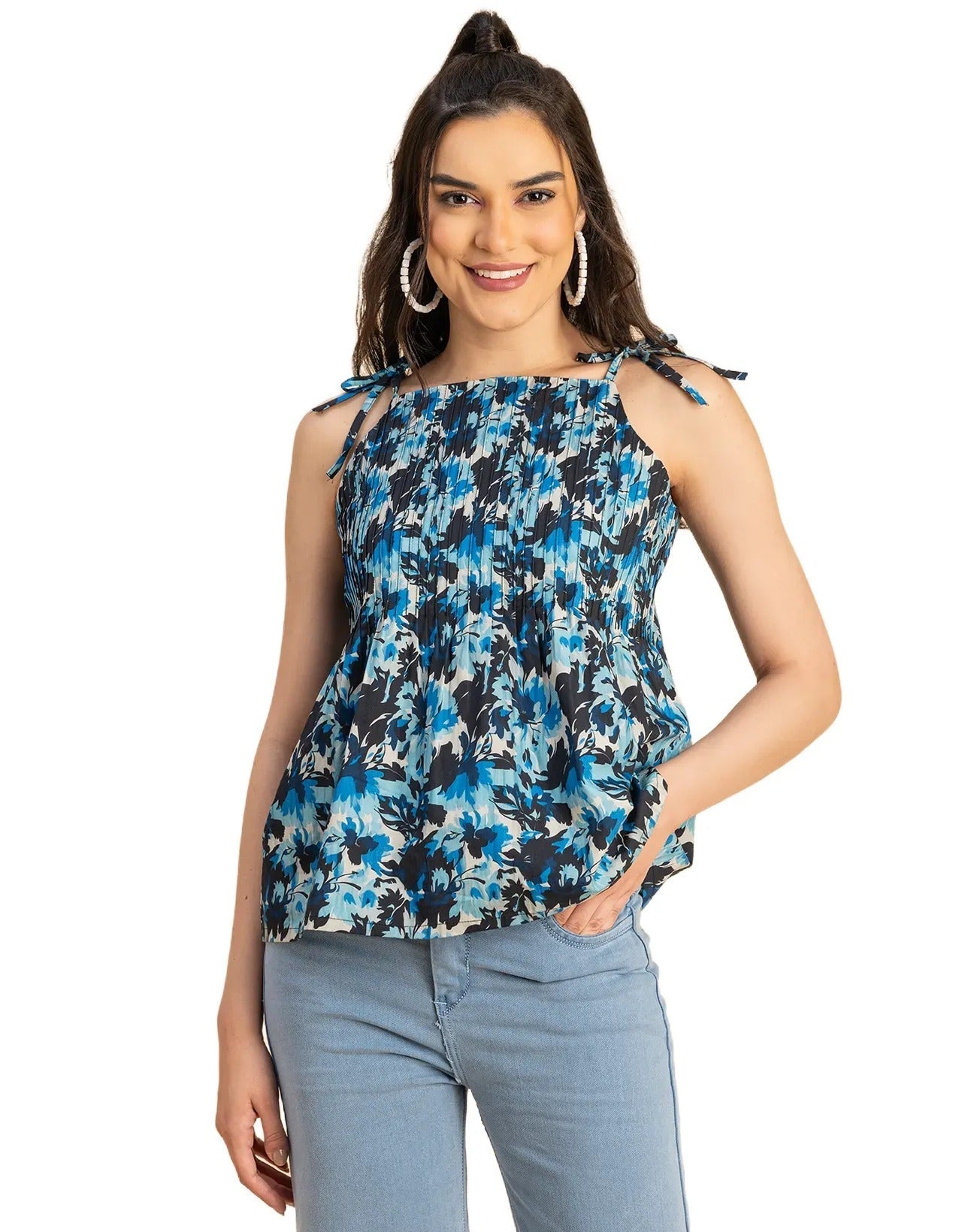 Shoulder Straps Square Neck Pin Tucks Cotton Top