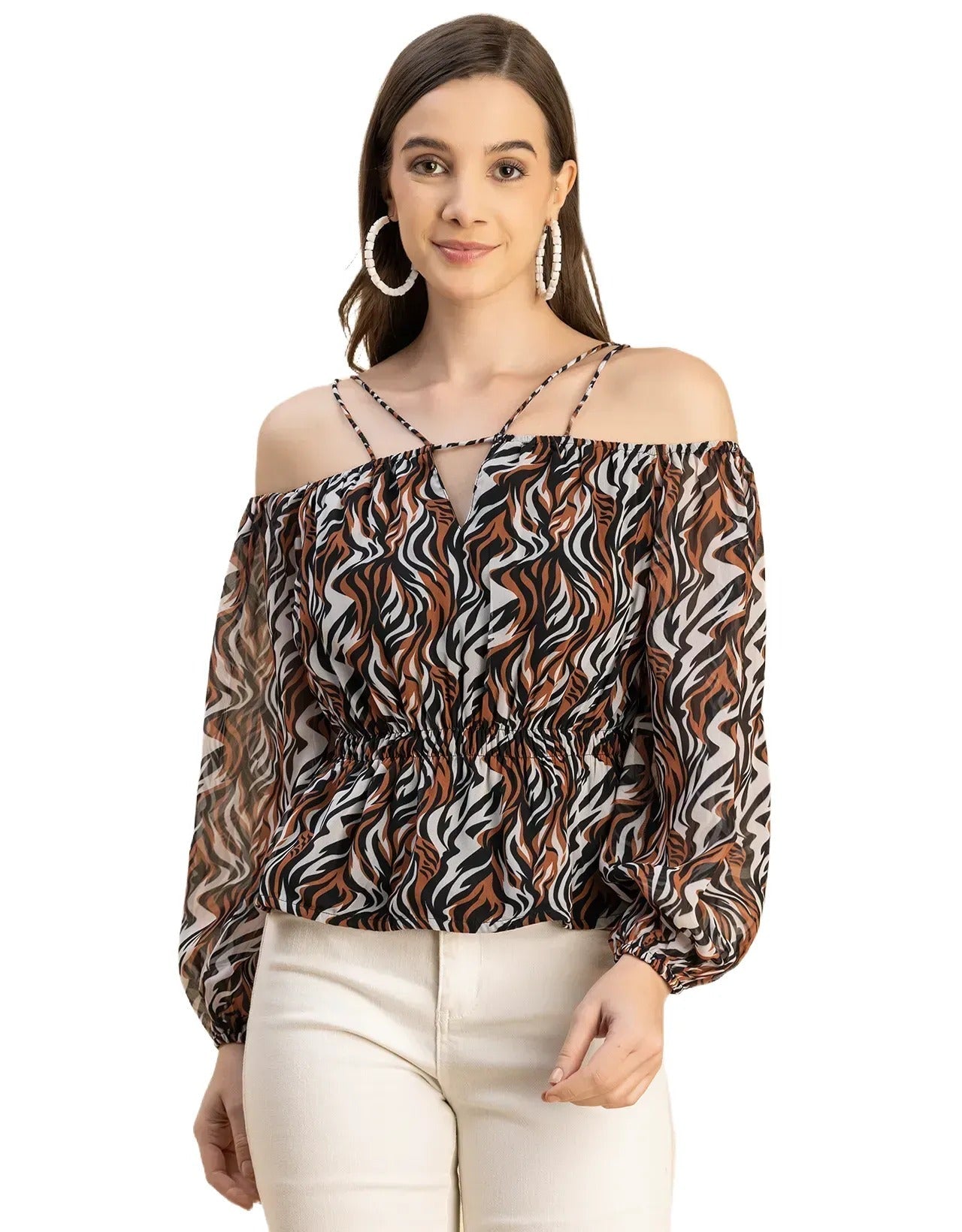 Long Sleeves Off Shoulder Printed Top