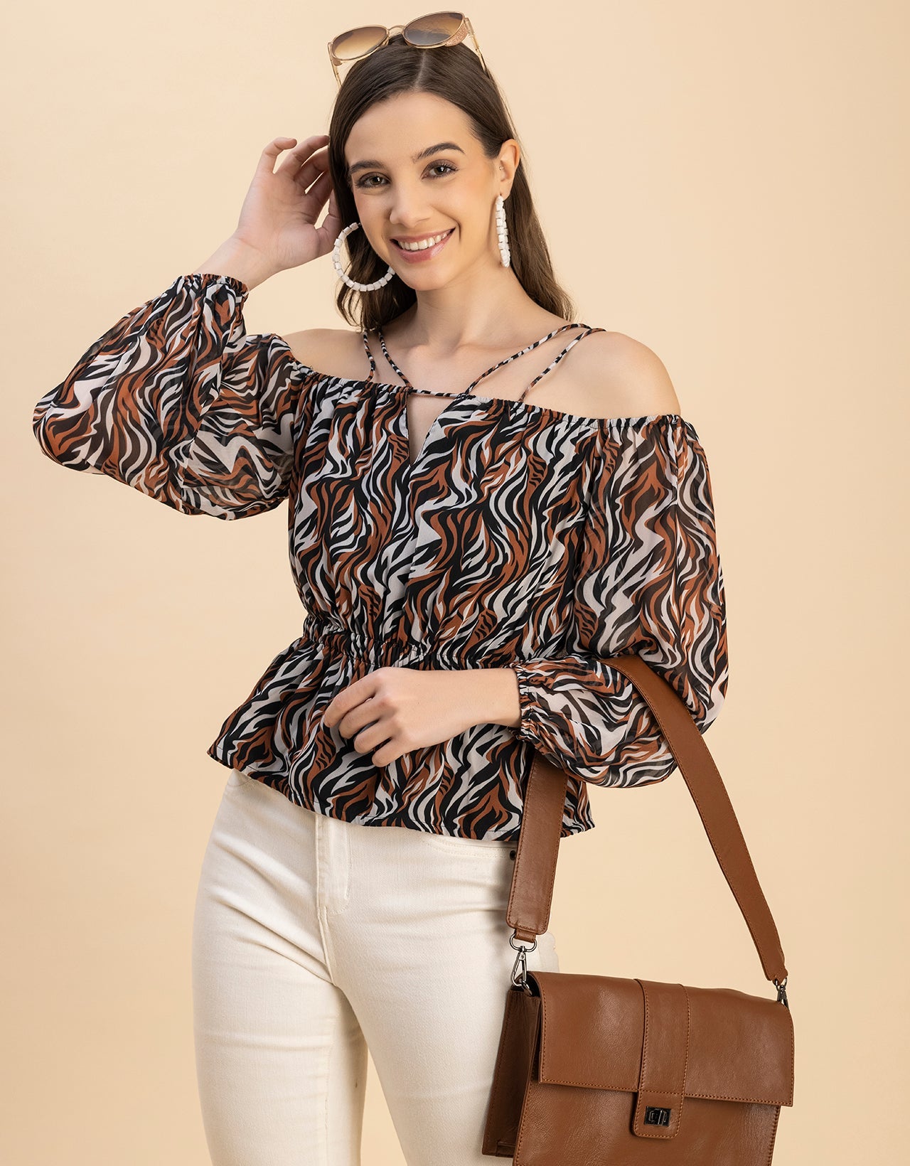 Long Sleeves Off Shoulder Printed Top