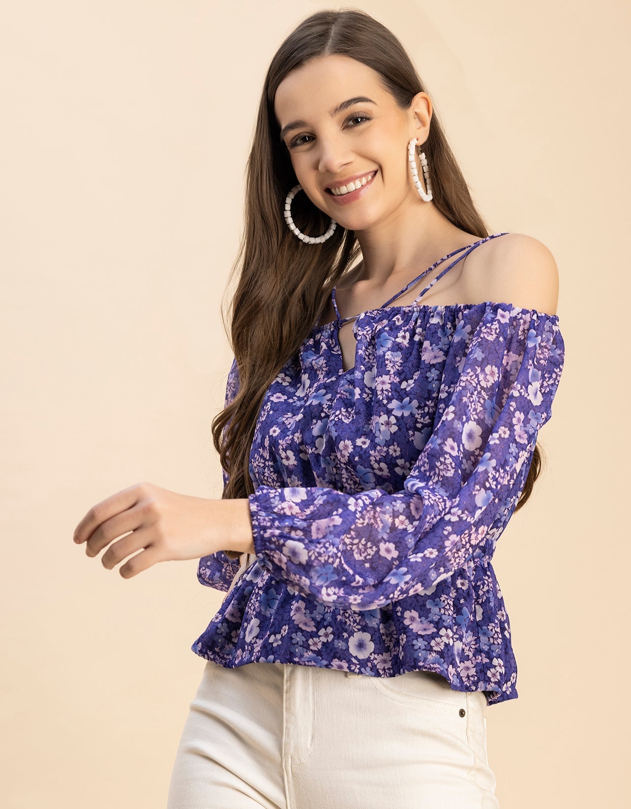 Long Sleeves Off Shoulder Printed Top