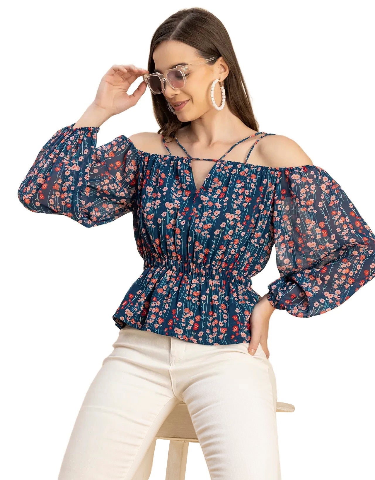 Long Sleeves Off Shoulder Printed Top