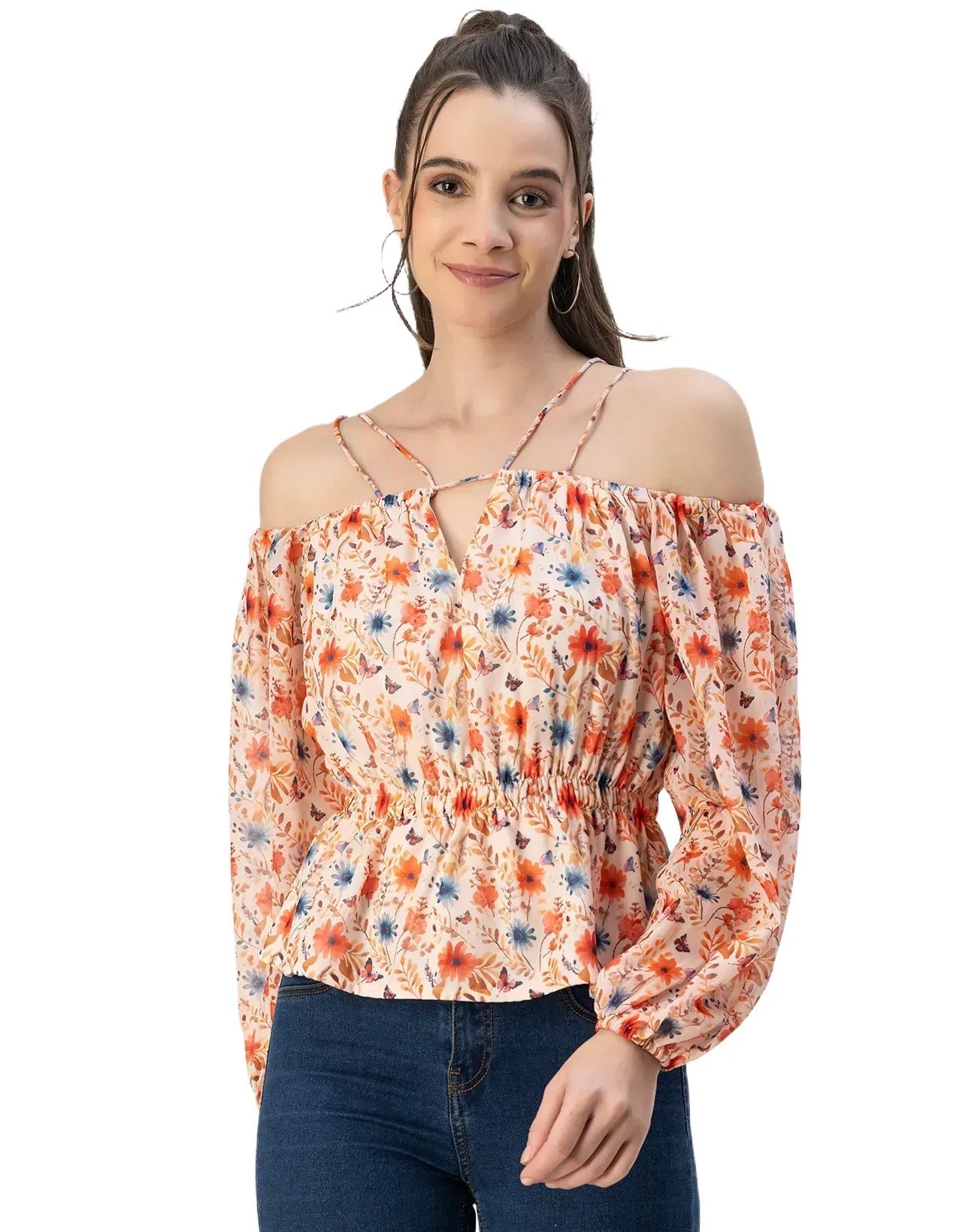 Long Sleeves Off Shoulder Printed Top