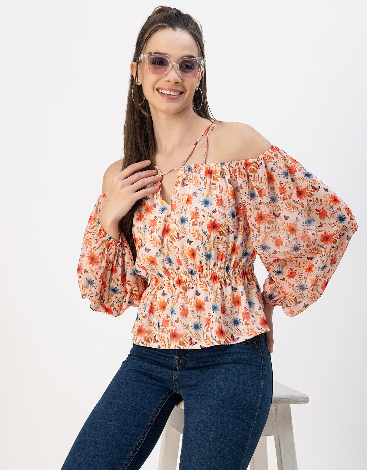Long Sleeves Off Shoulder Printed Top