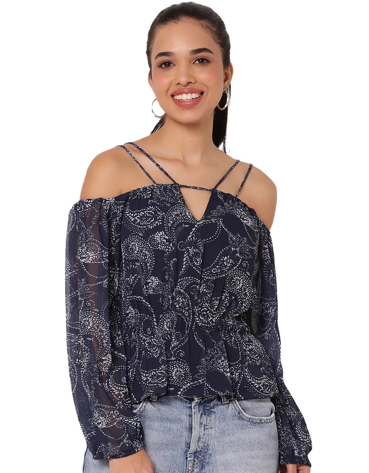 Long Sleeves Off Shoulder Printed Top