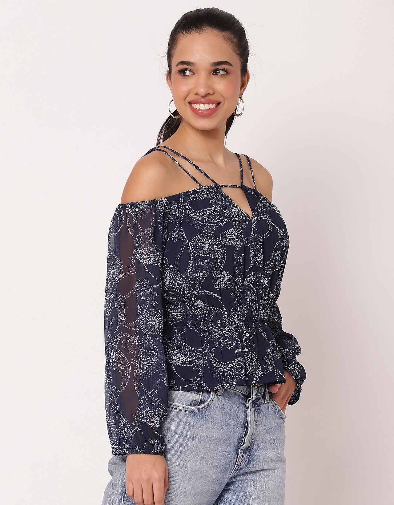 Long Sleeves Off Shoulder Printed Top