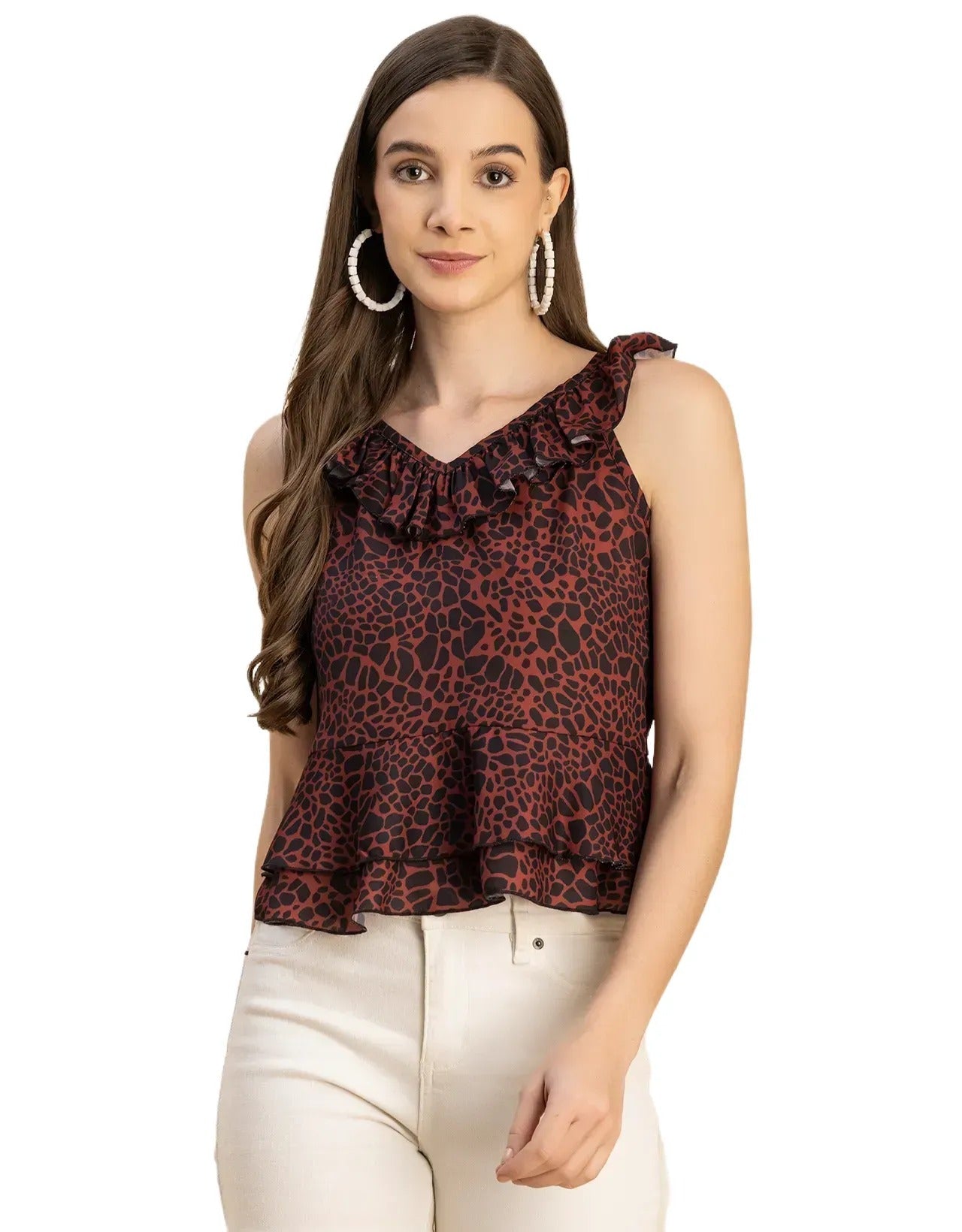 Sleeveless V Neck Printed Georgette Top