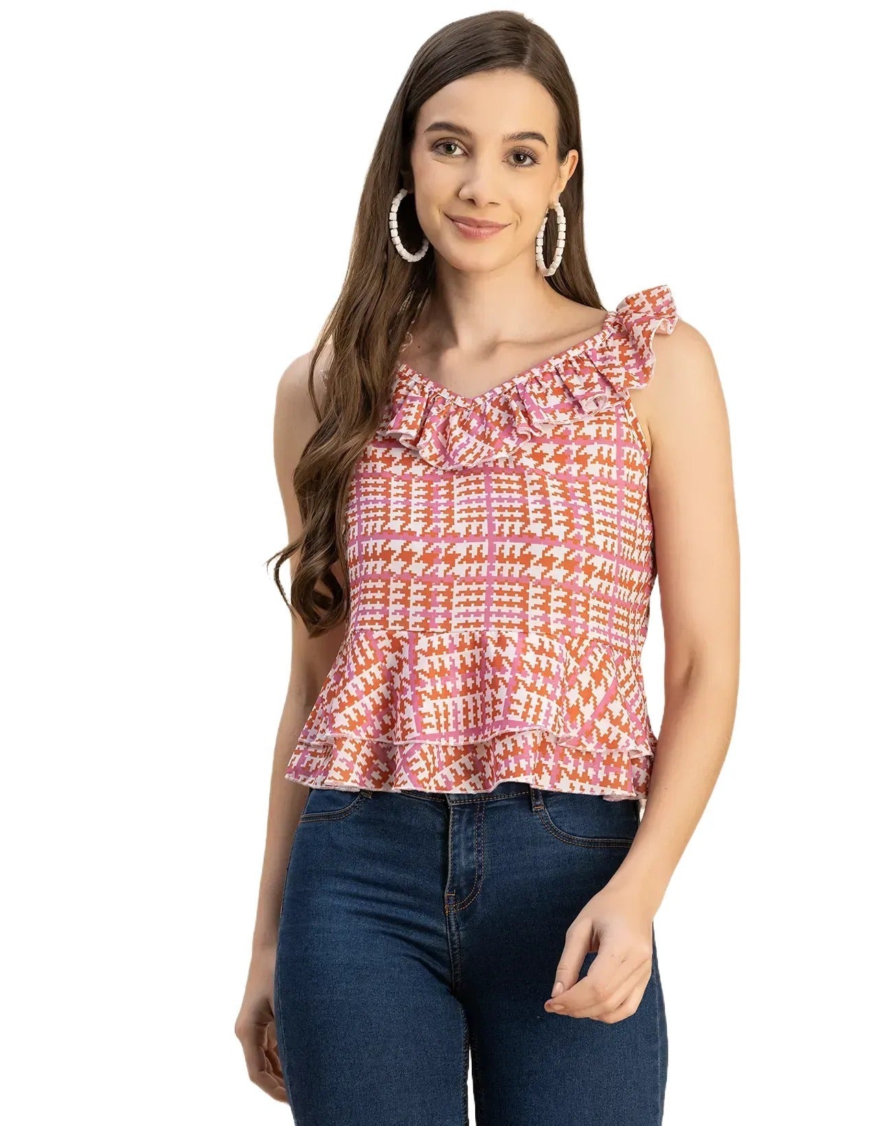Sleeveless V Neck Printed Georgette Top