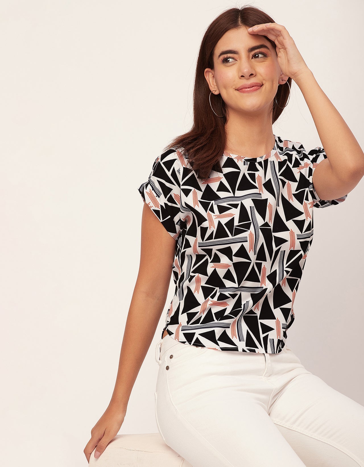 Round Neck Short Sleeve Printed Loose Fit Top