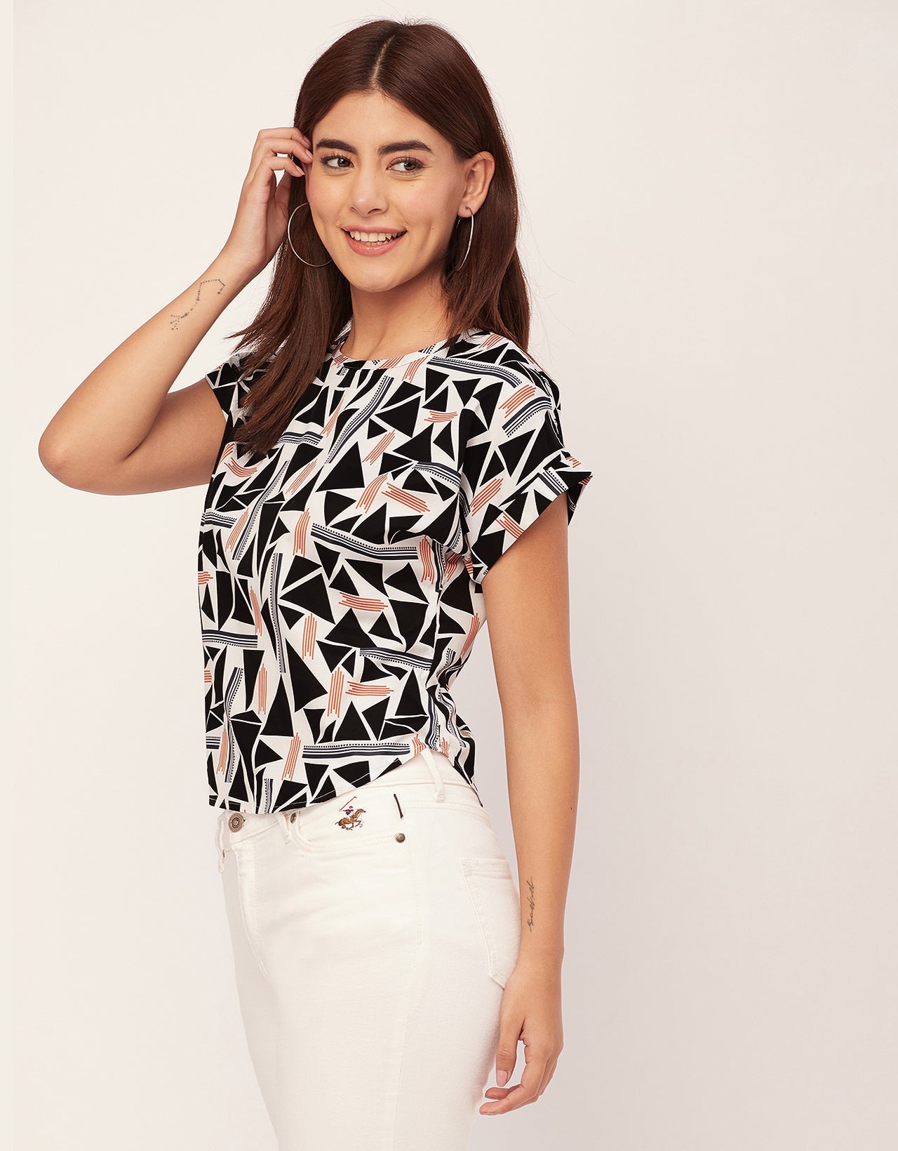 Round Neck Short Sleeve Printed Loose Fit Top