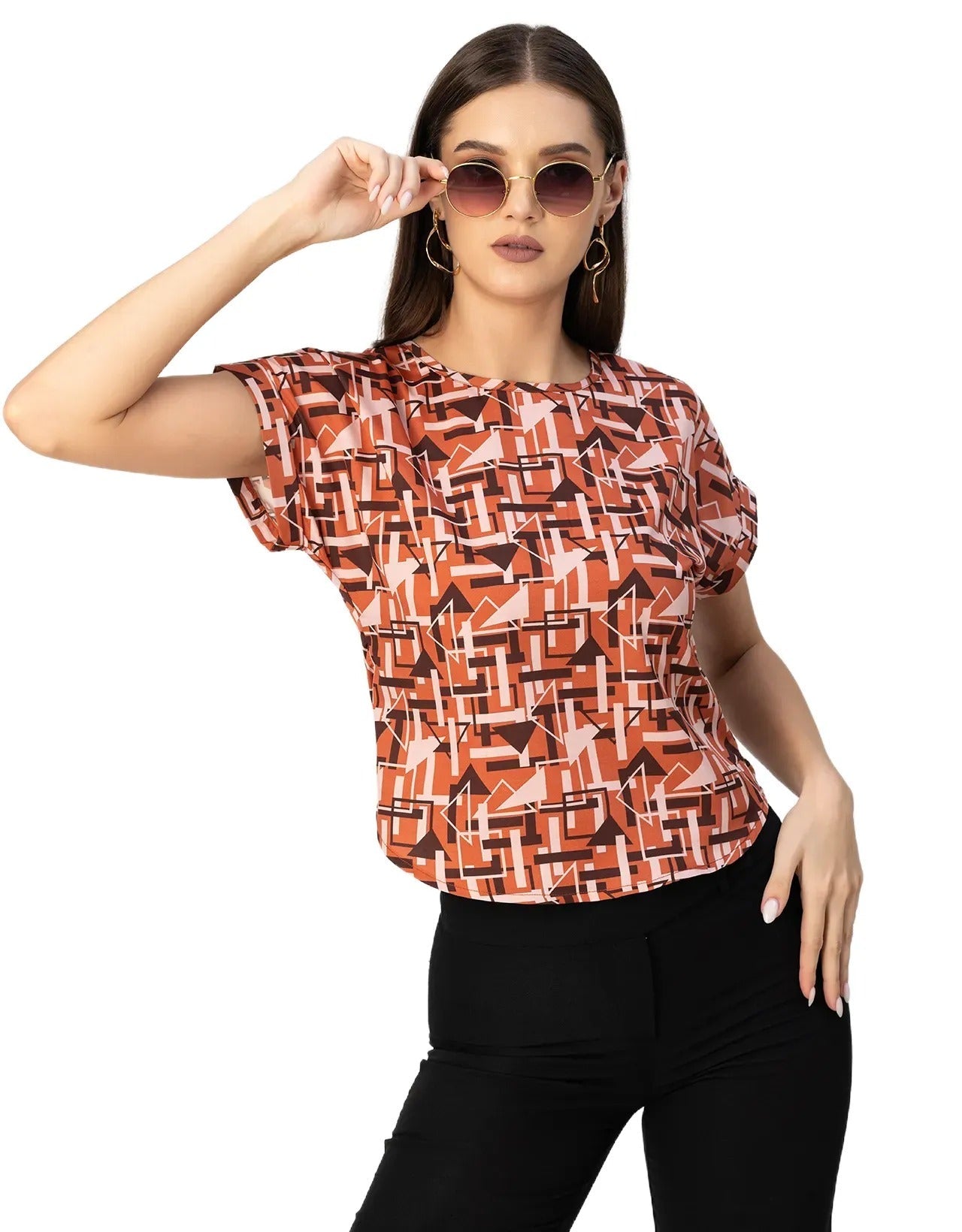 Round Neck Short Sleeve Printed Loose Fit Top
