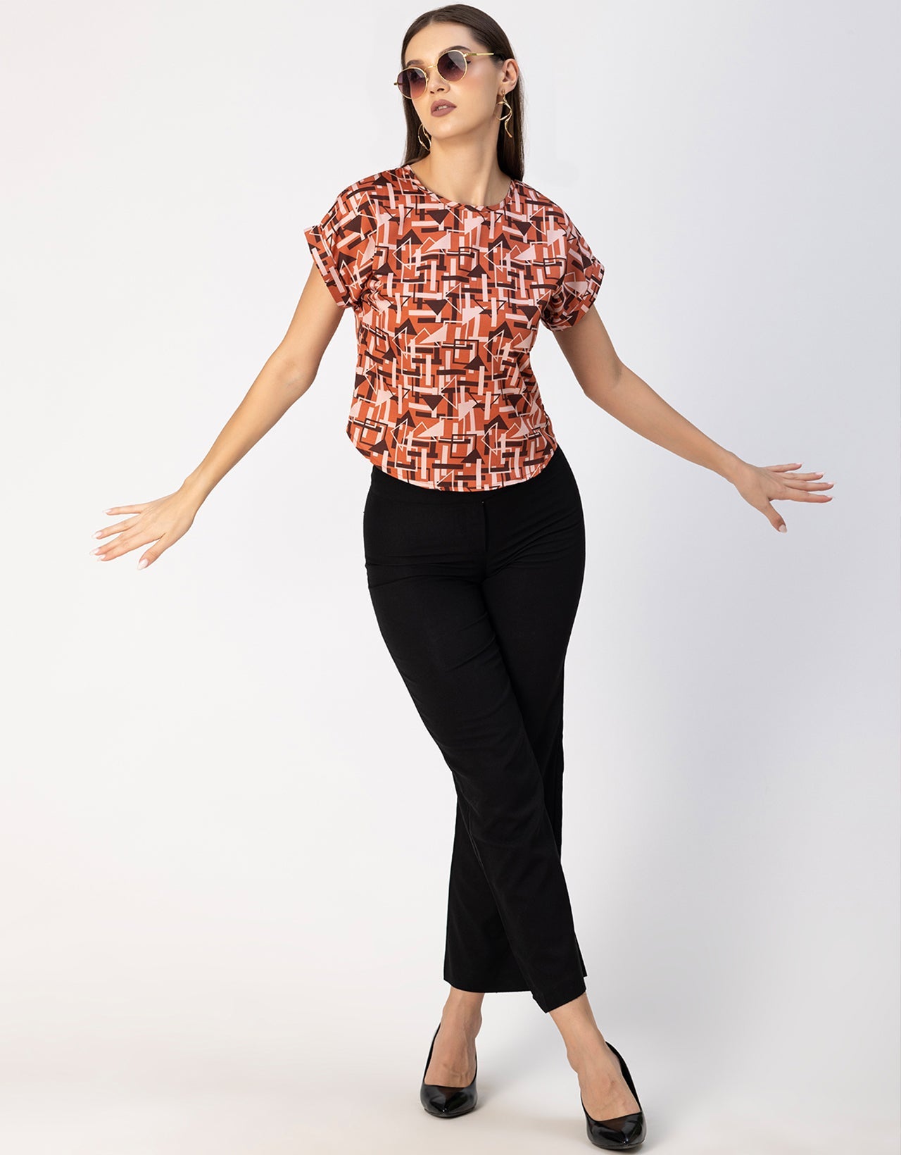 Round Neck Short Sleeve Printed Loose Fit Top