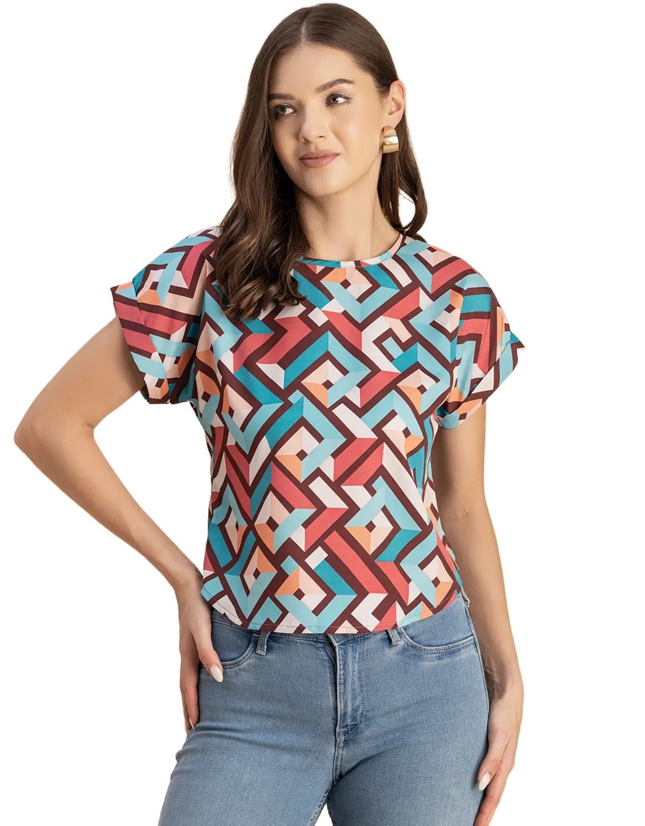 Round Neck Short Sleeve Printed Loose Fit Top