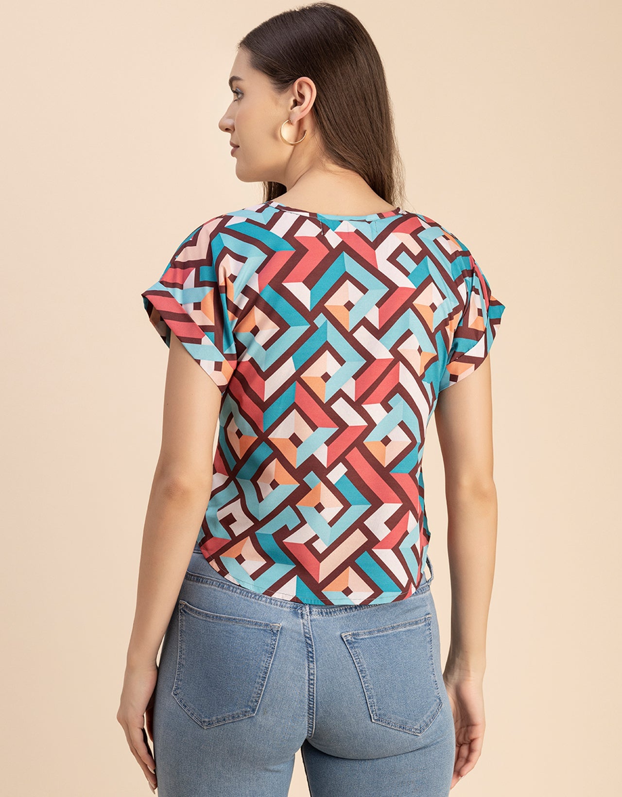 Round Neck Short Sleeve Printed Loose Fit Top