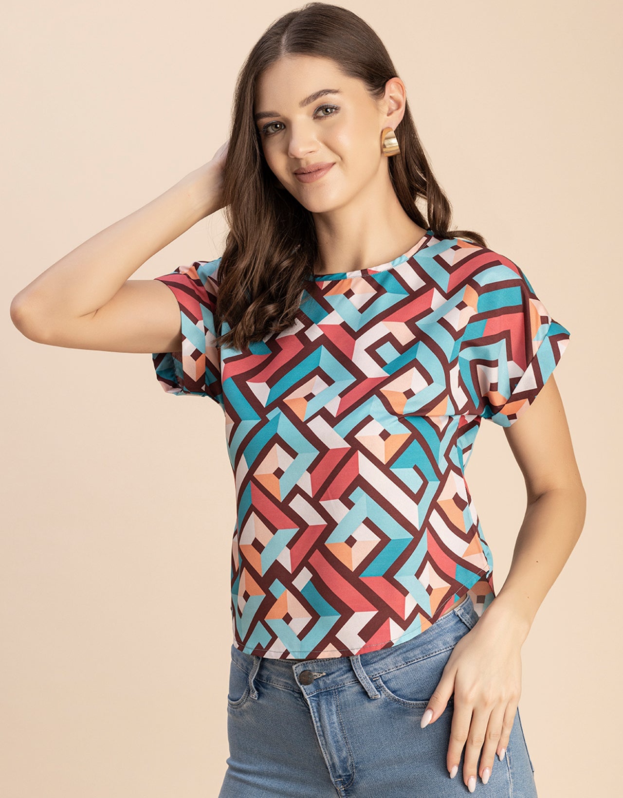 Round Neck Short Sleeve Printed Loose Fit Top