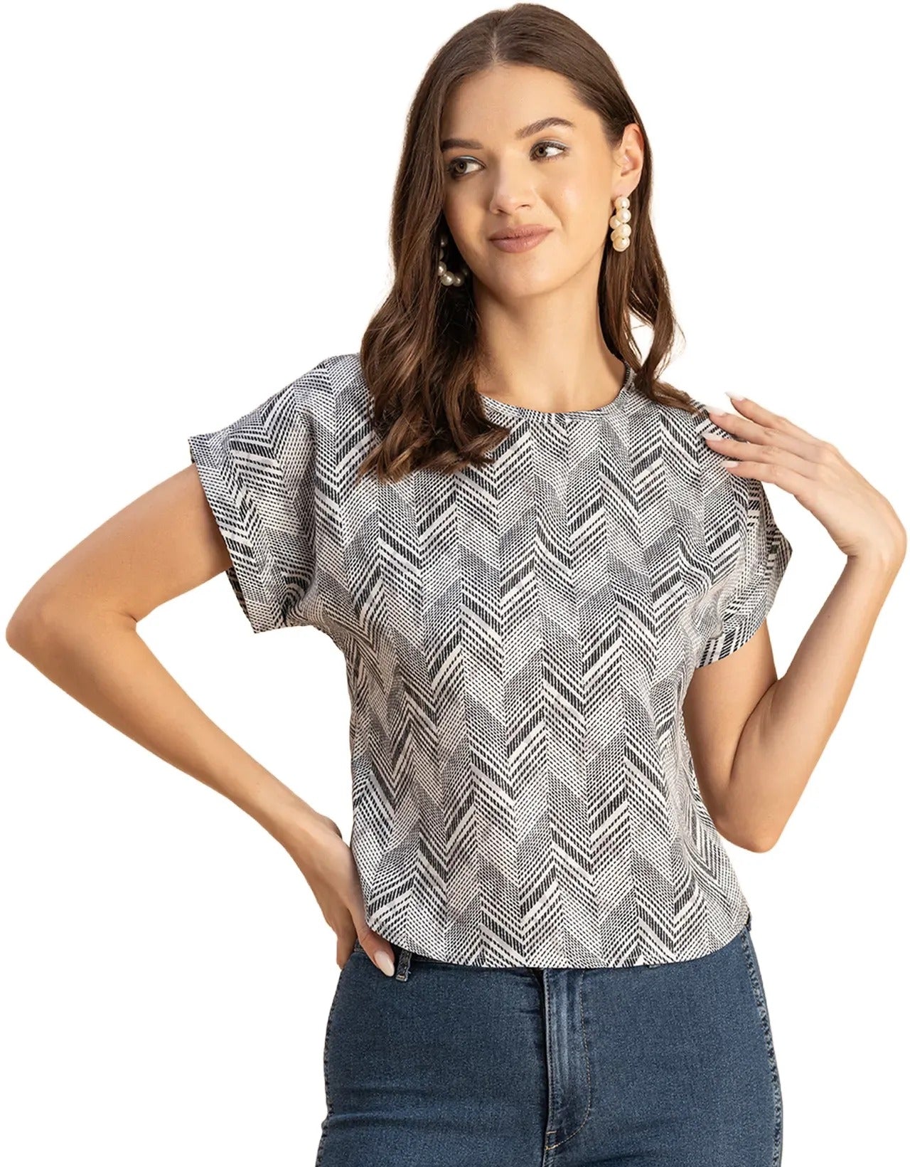 Round Neck Short Sleeve Printed Loose Fit Top