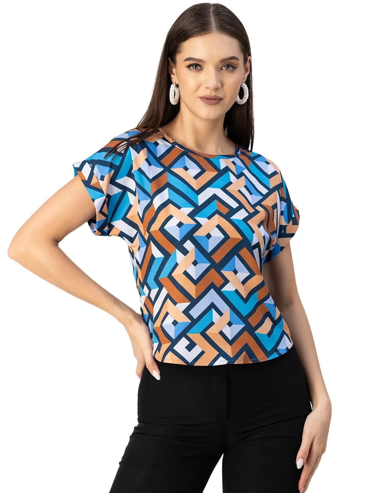 Round Neck Short Sleeve Printed Loose Fit Top